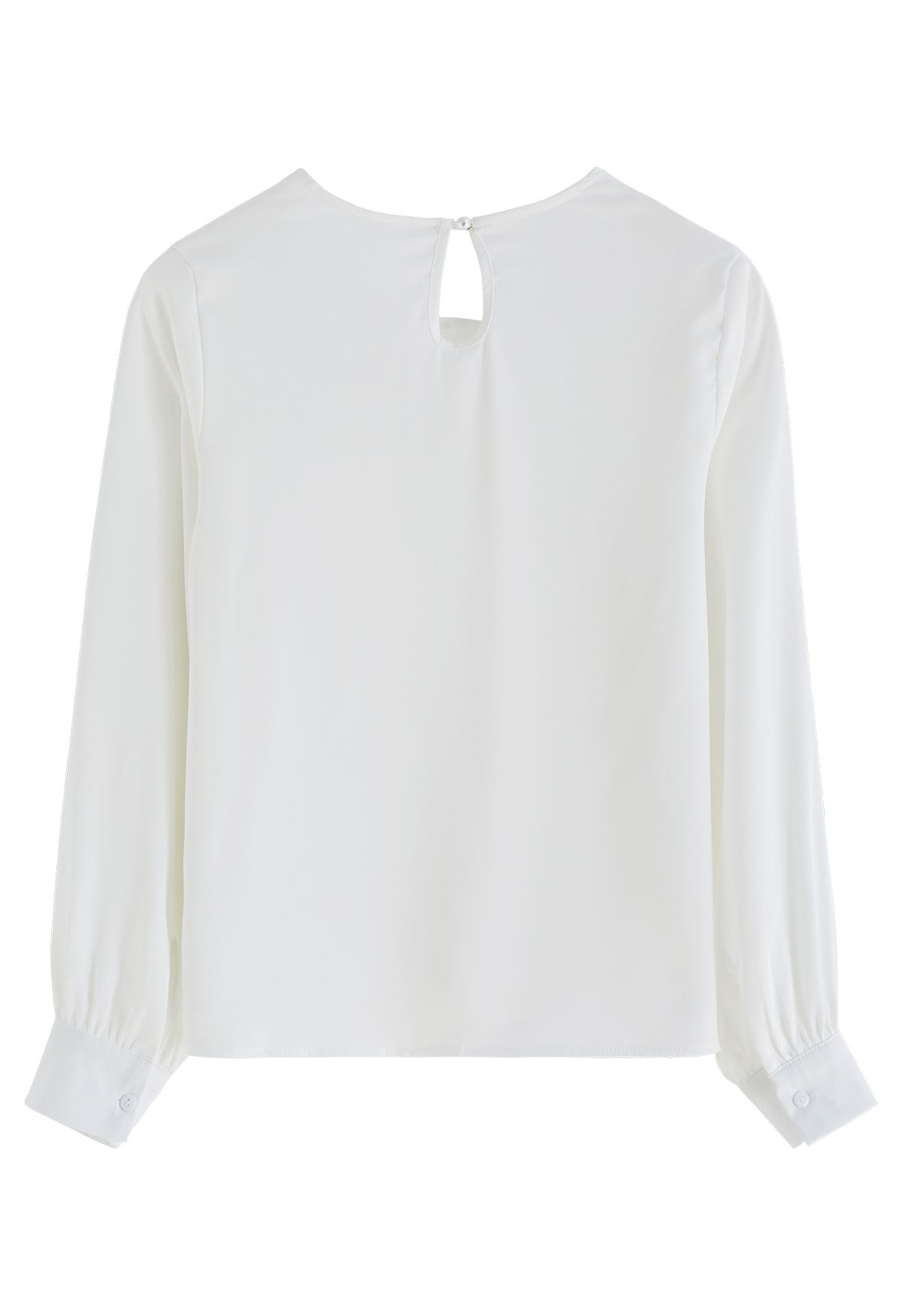 Pearl Mesh Spliced V-Neck Satin Top in White