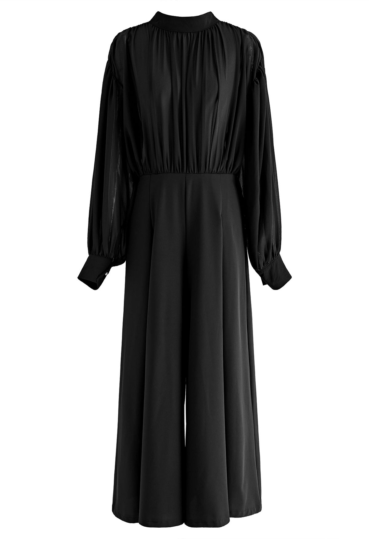 Sheer Spliced Wide-Leg Cropped Jumpsuit in Black