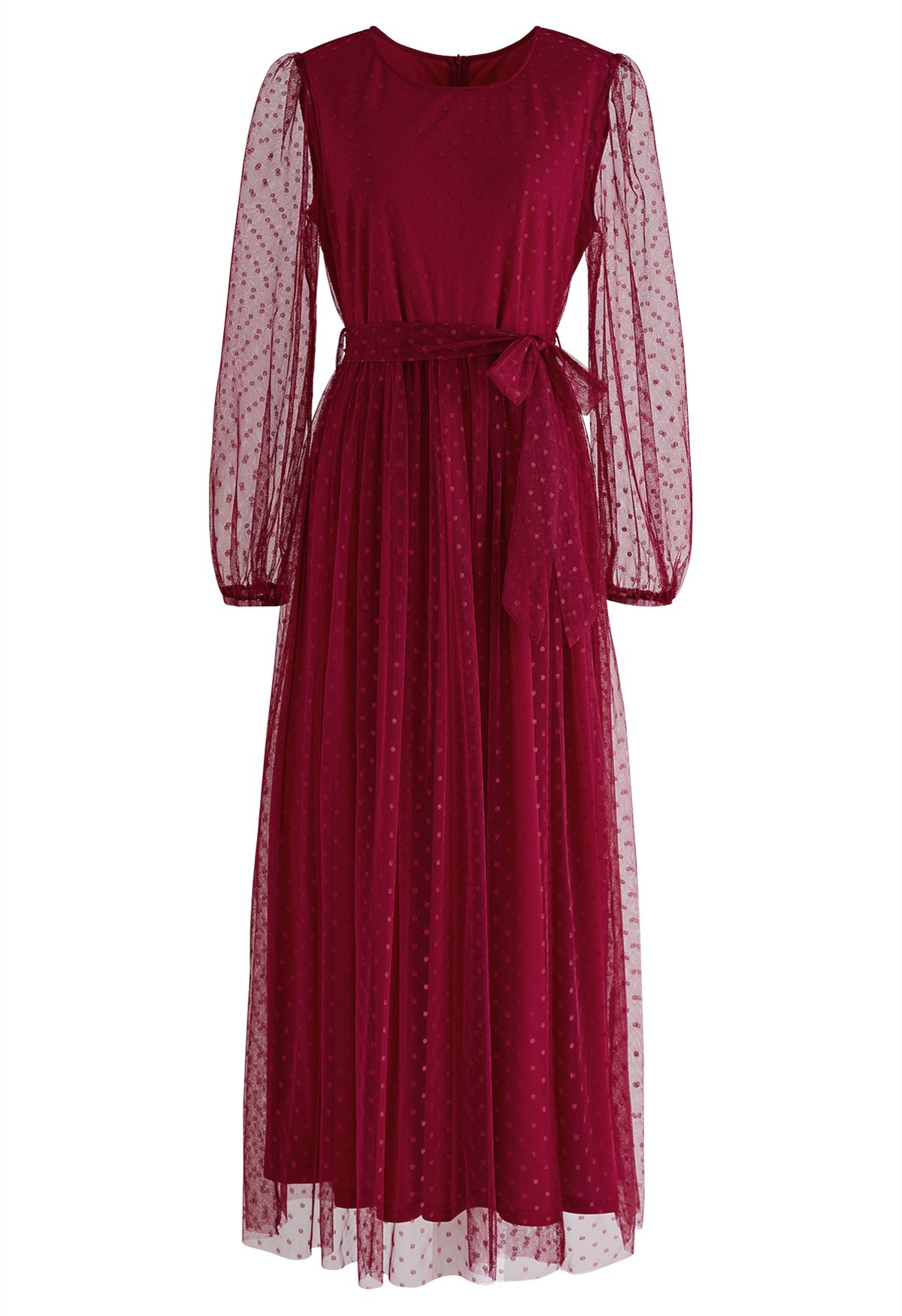 Lovely Dotted Mesh Maxi Dress in Red