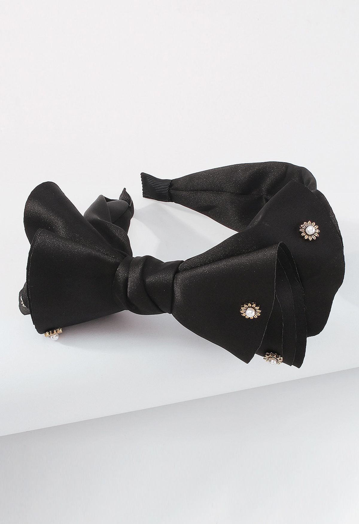 Fancy Bowknot Pearl Satin Headband in Black