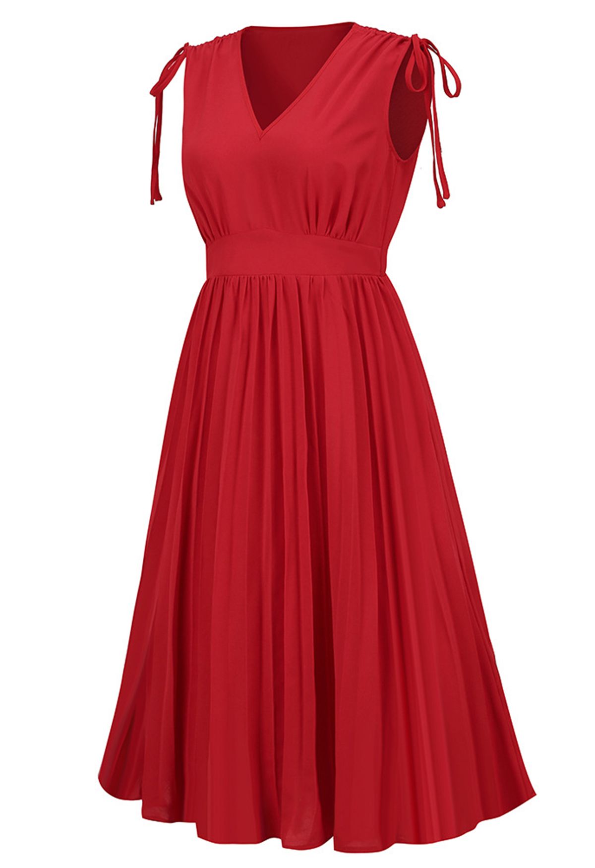 Tie-String Pleated Sleeveless Midi Dress in Red