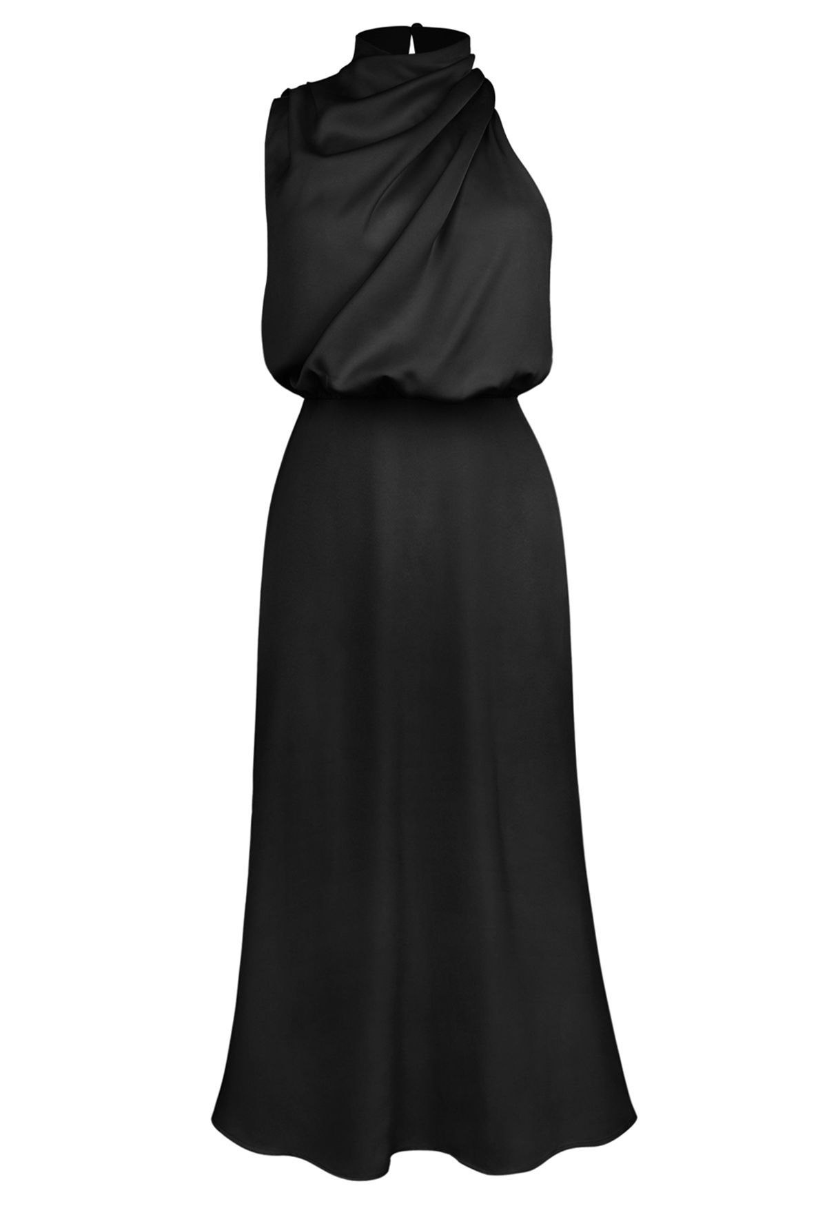 Asymmetric Ruched Neckline Sleeveless Dress in Black