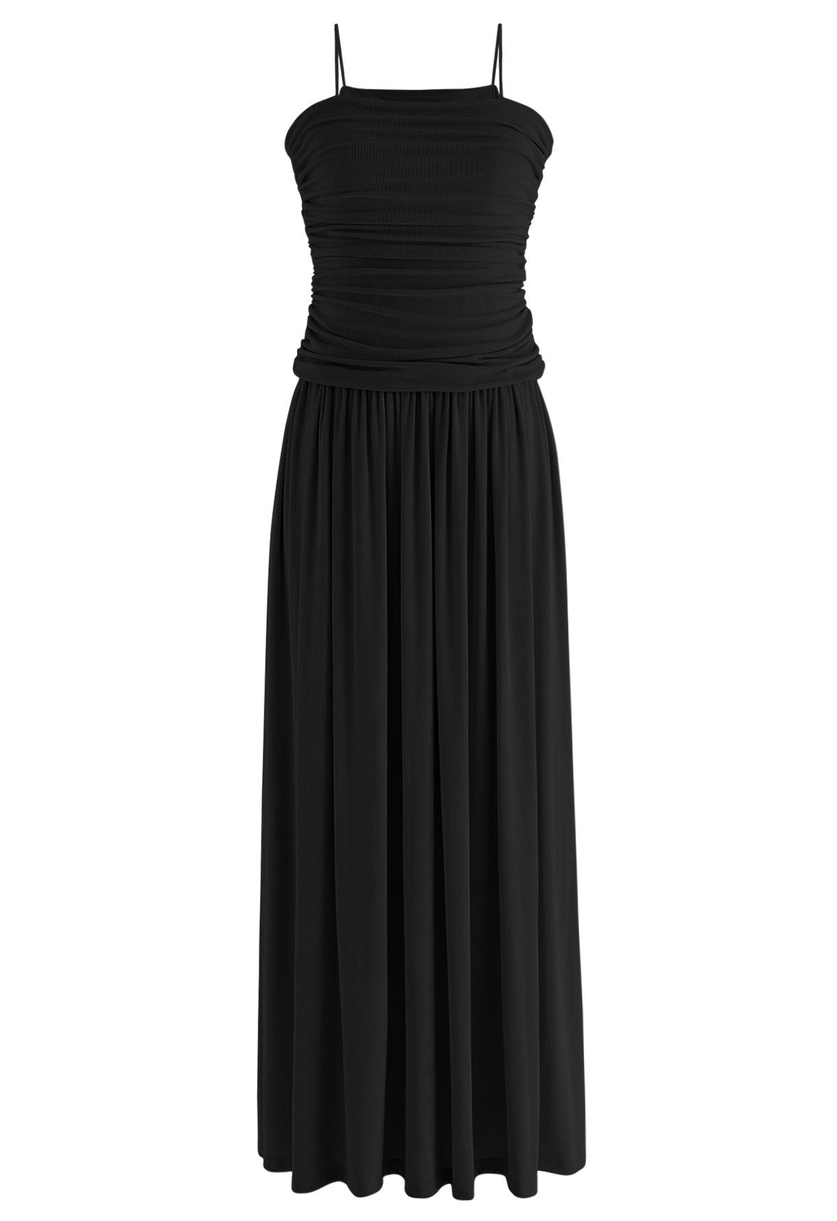 Ruched Elegance Cami Maxi Dress in Black