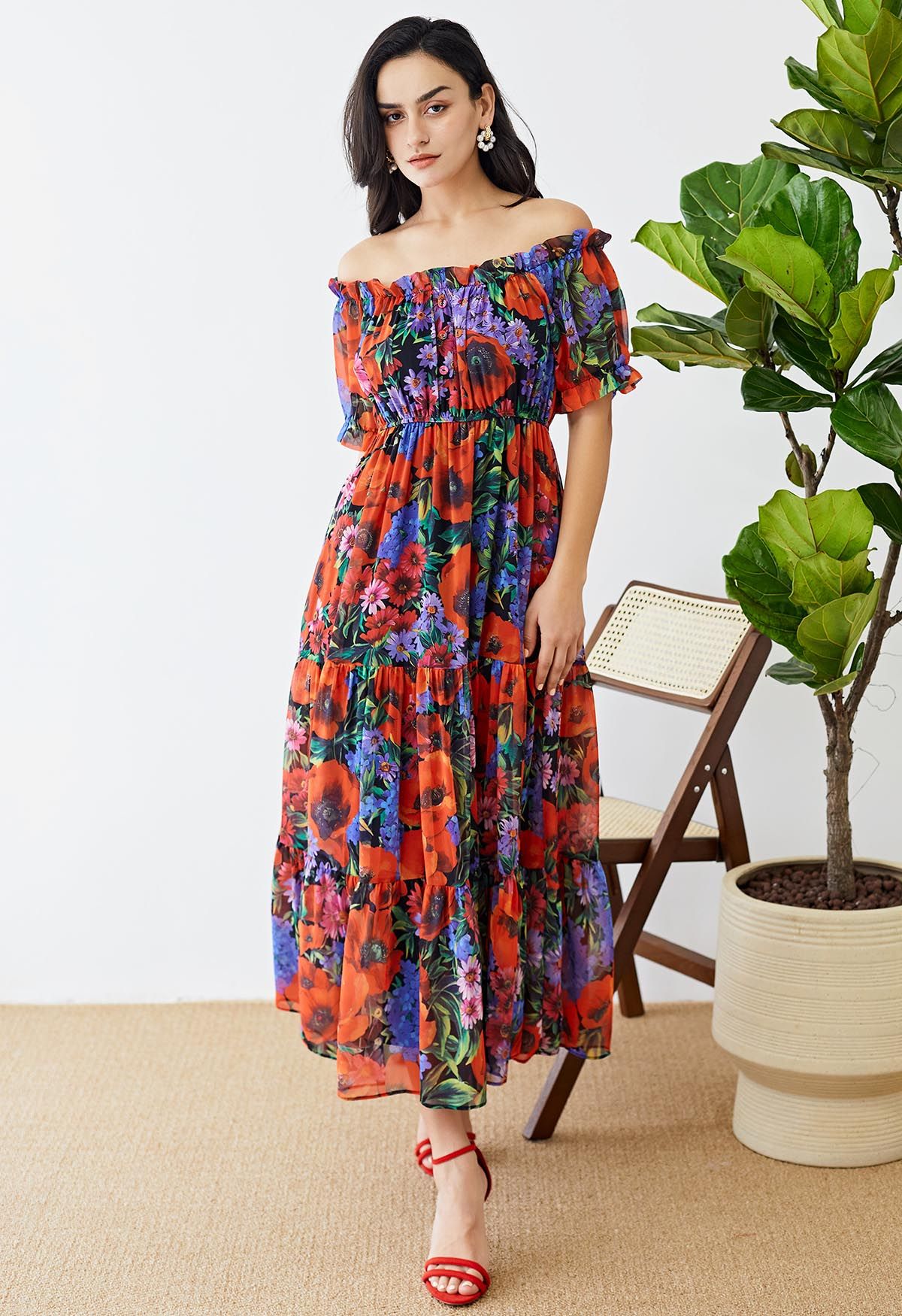 Bright Red Floral Off-Shoulder Chiffon Dress