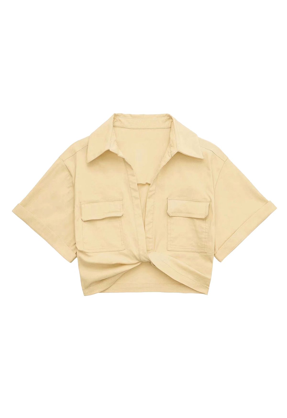 Front Tie Flap Pocket Crop Shirt in Light Yellow