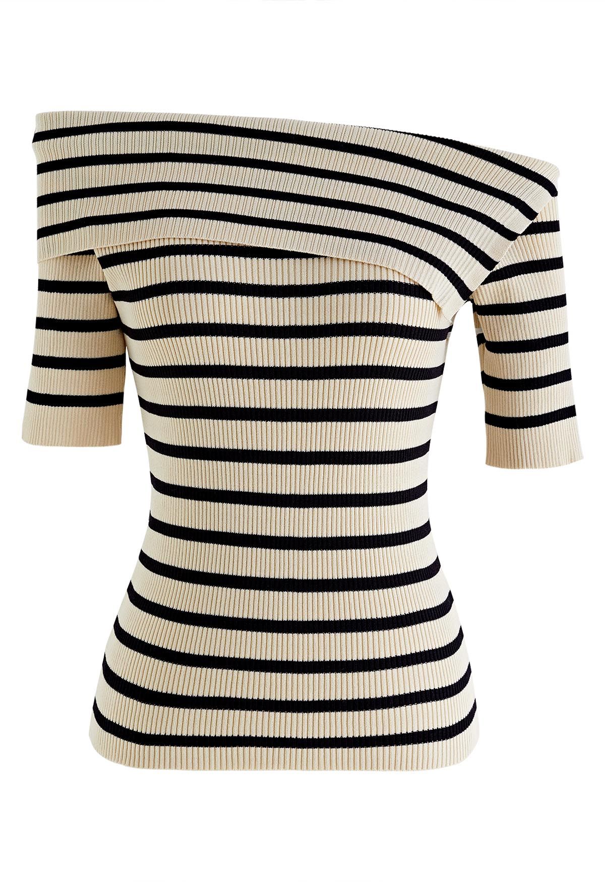 Folded Off-Shoulder Short-Sleeve Knit Top in Stripe