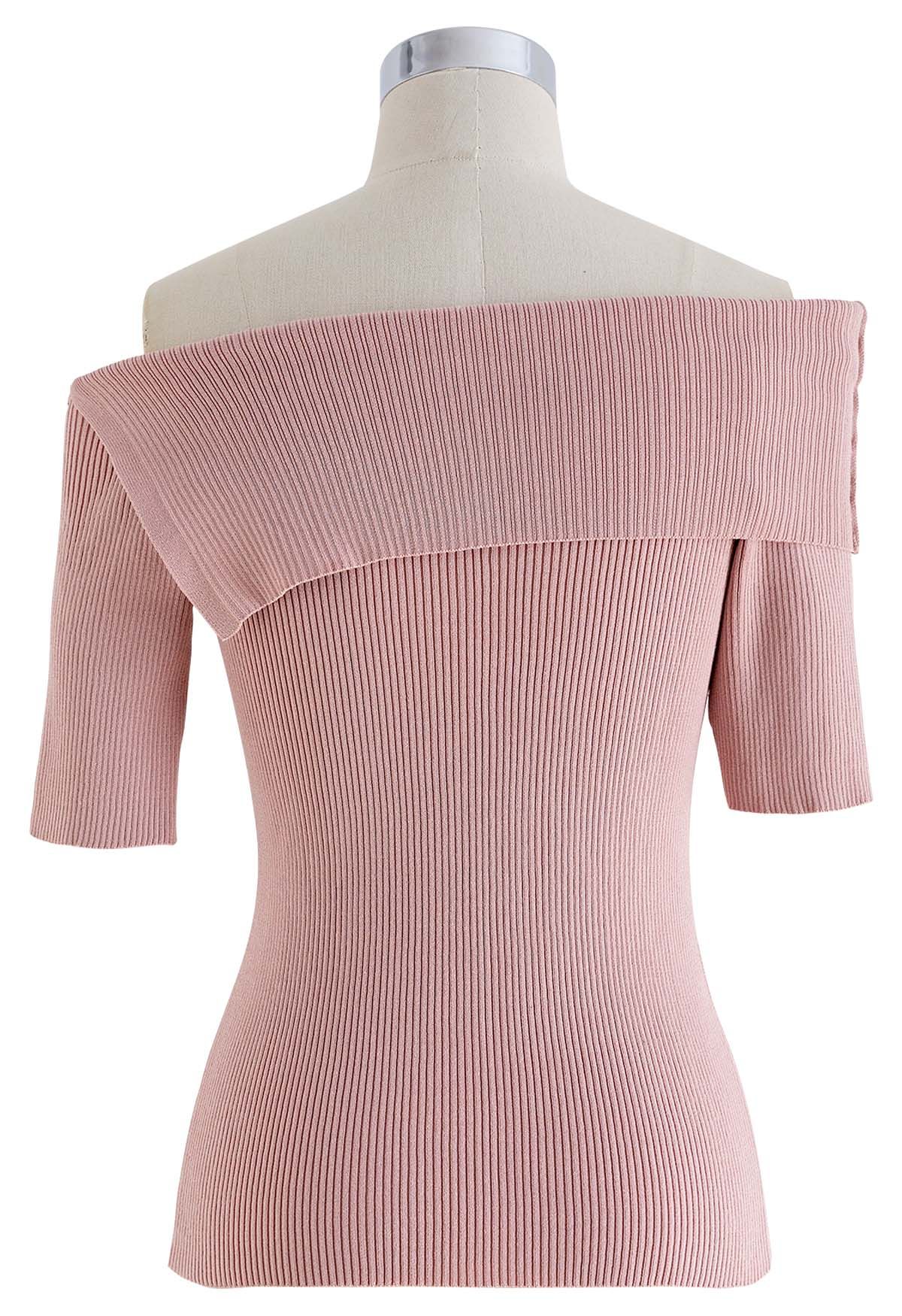 Folded Off-Shoulder Short-Sleeve Knit Top in Pink