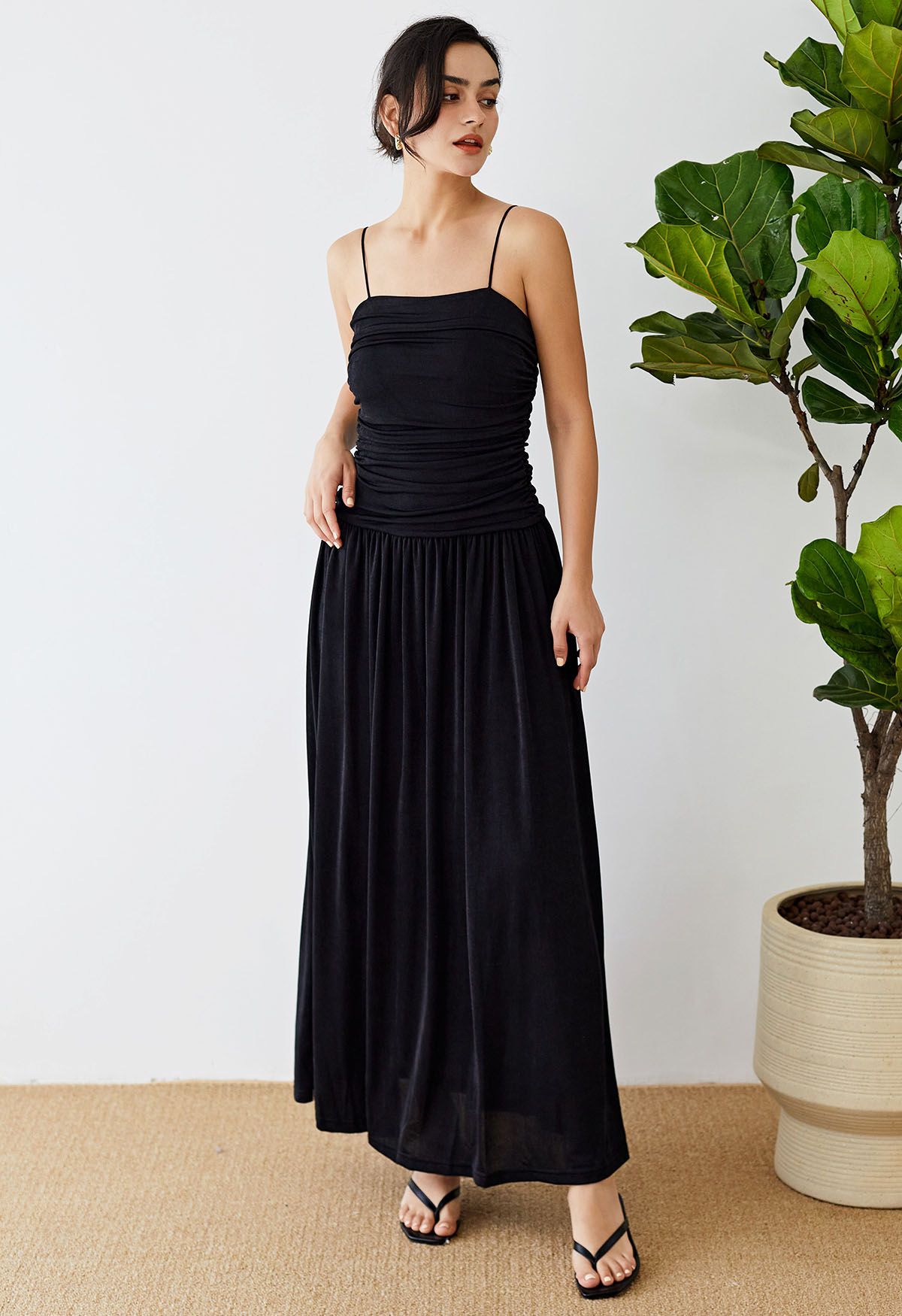 Ruched Elegance Cami Maxi Dress in Black