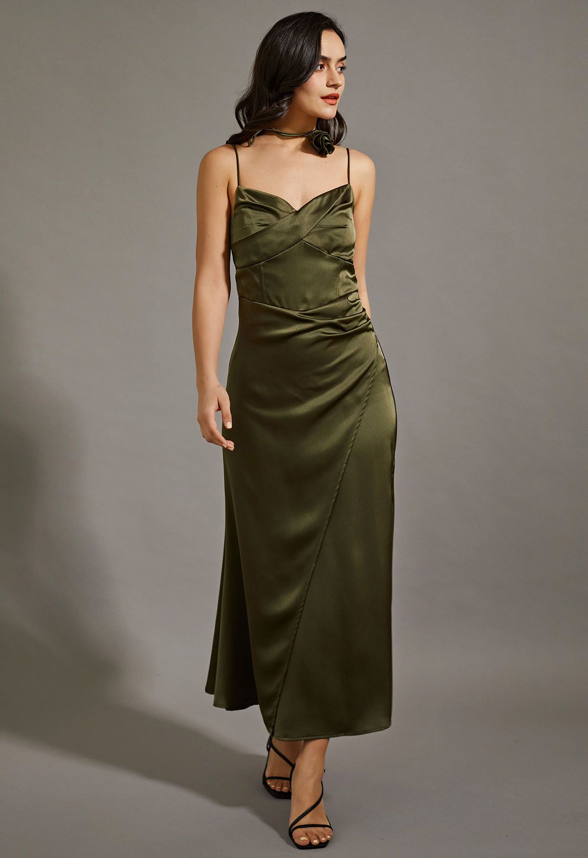 Floral Choker Satin Cami Maxi Dress in Olive