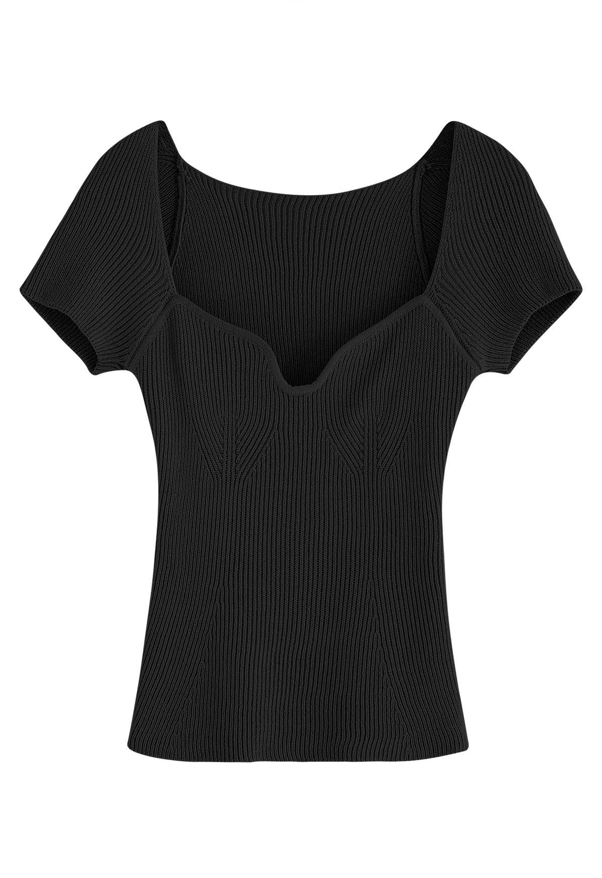 U-Shape Wide Collar Fitted Knit Top in Black