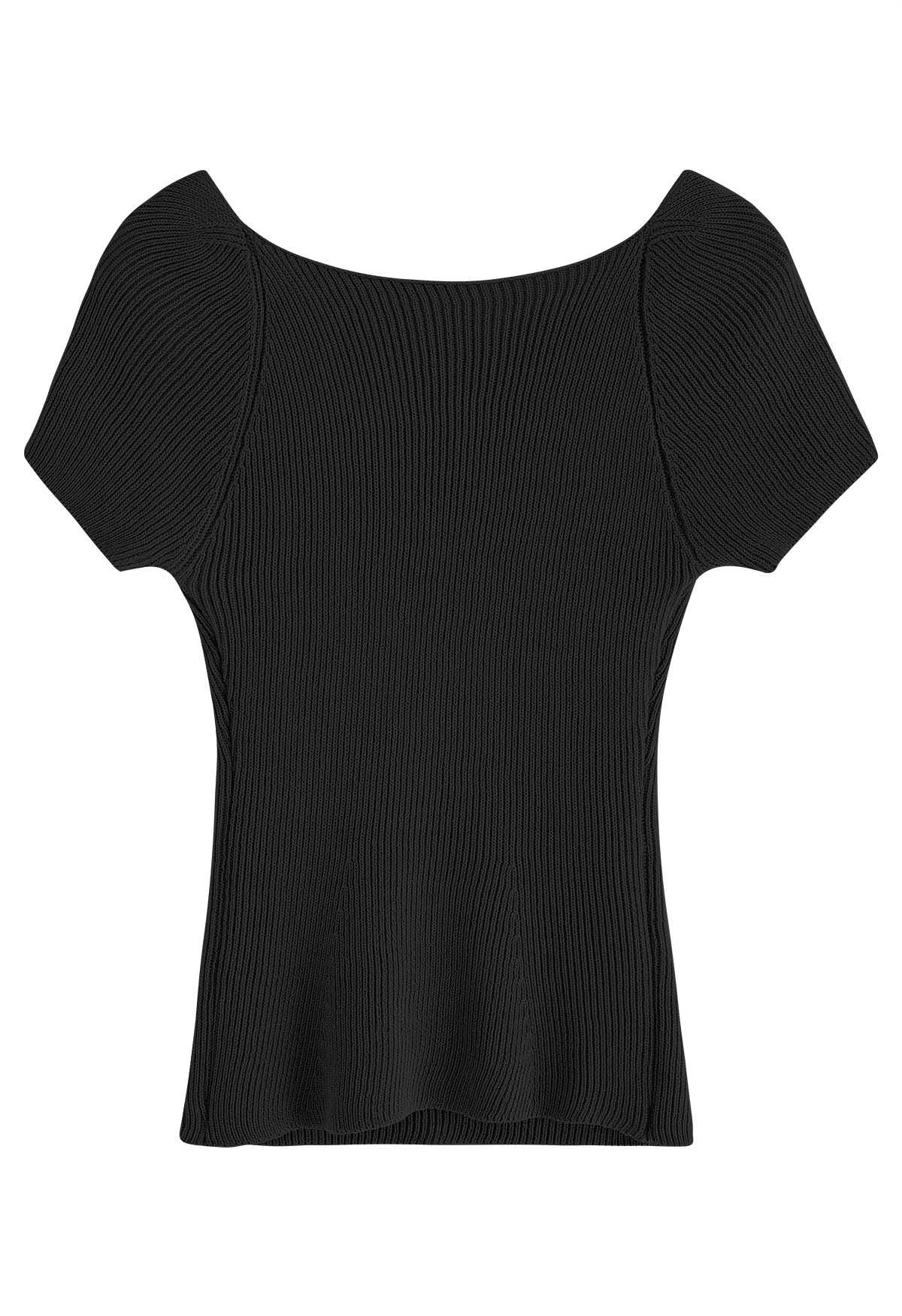 U-Shape Wide Collar Fitted Knit Top in Black