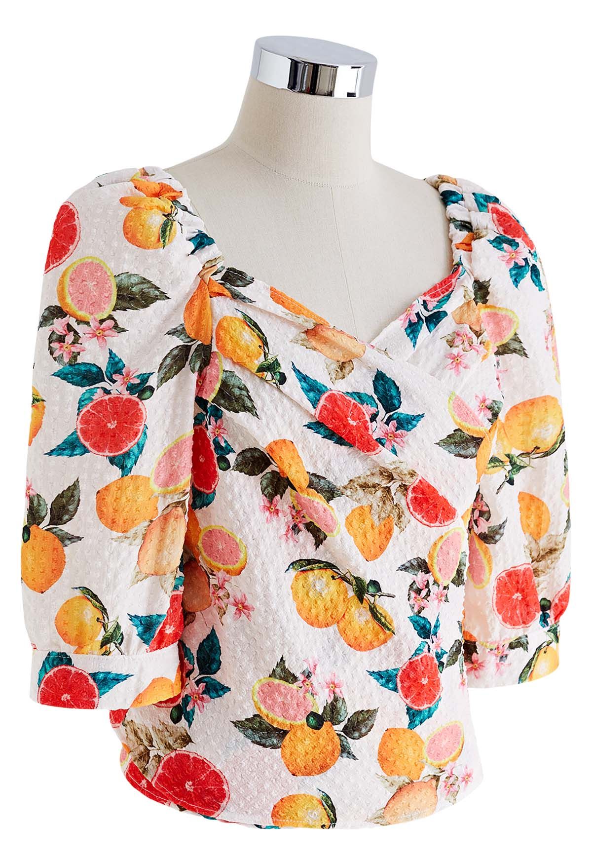 Grapefruit Print Embossed Wrap Crop Top