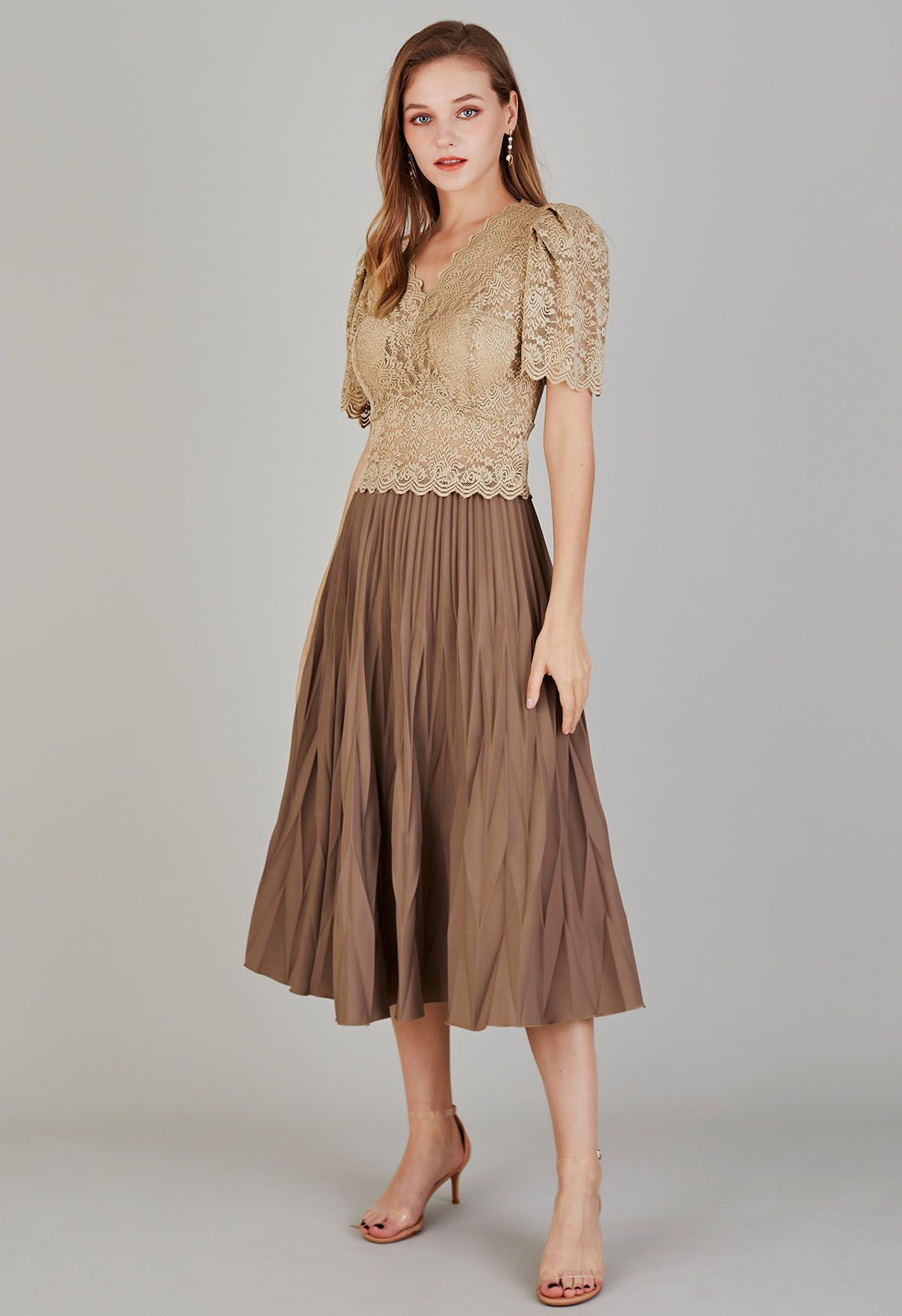 Irregular Pleated Midi Skirt in Brown