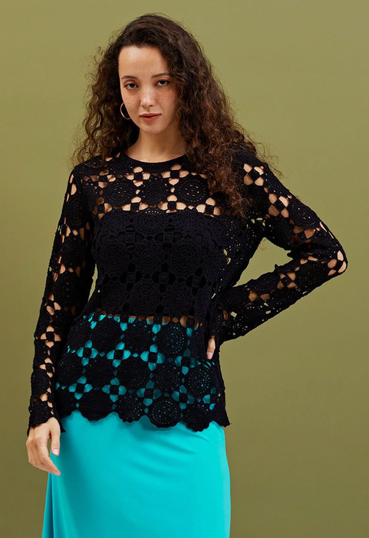 Relaxed Floral and Check Crochet Top in Black