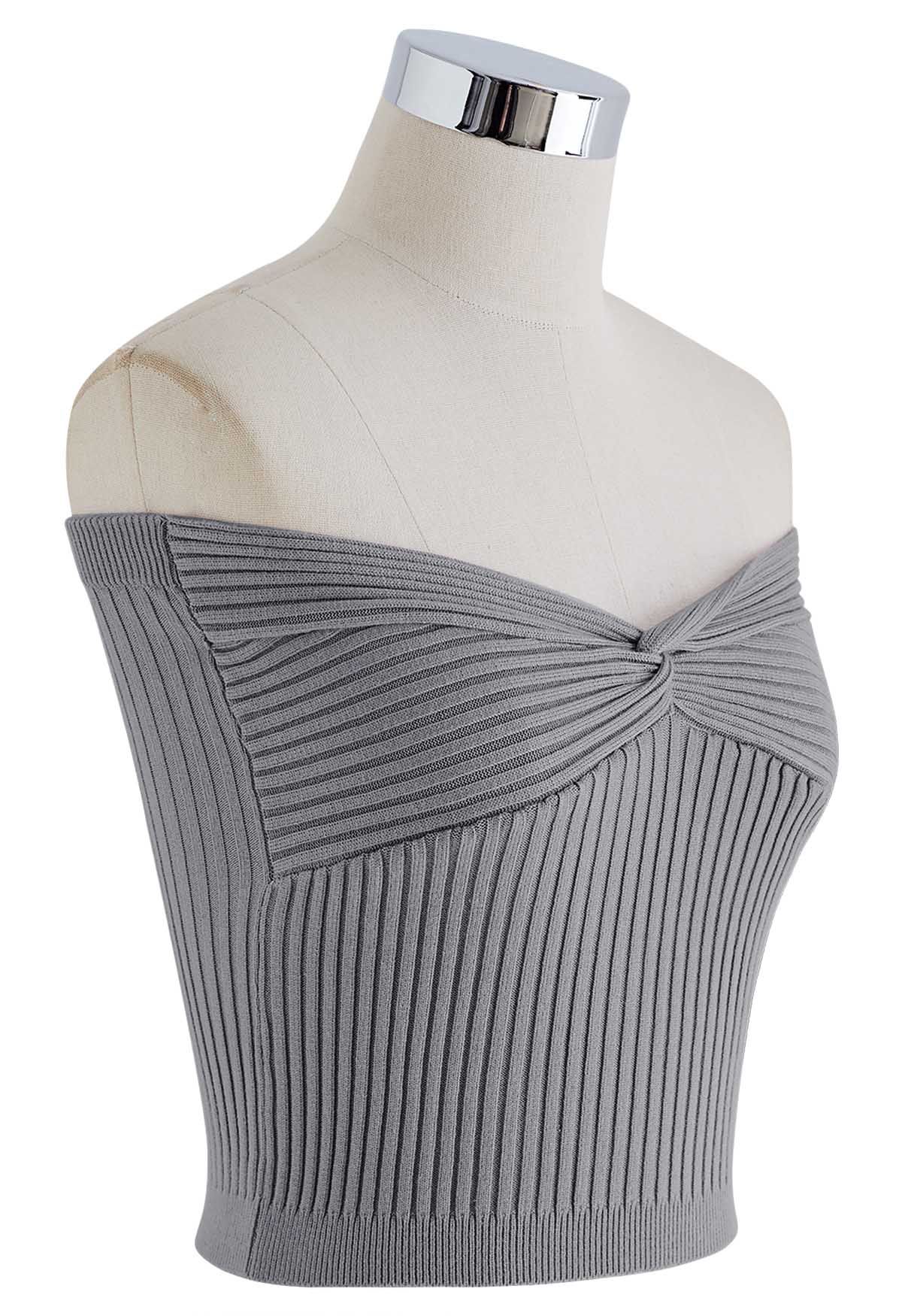 Twist Front Ribbed Knit Tube Crop Top in Grey