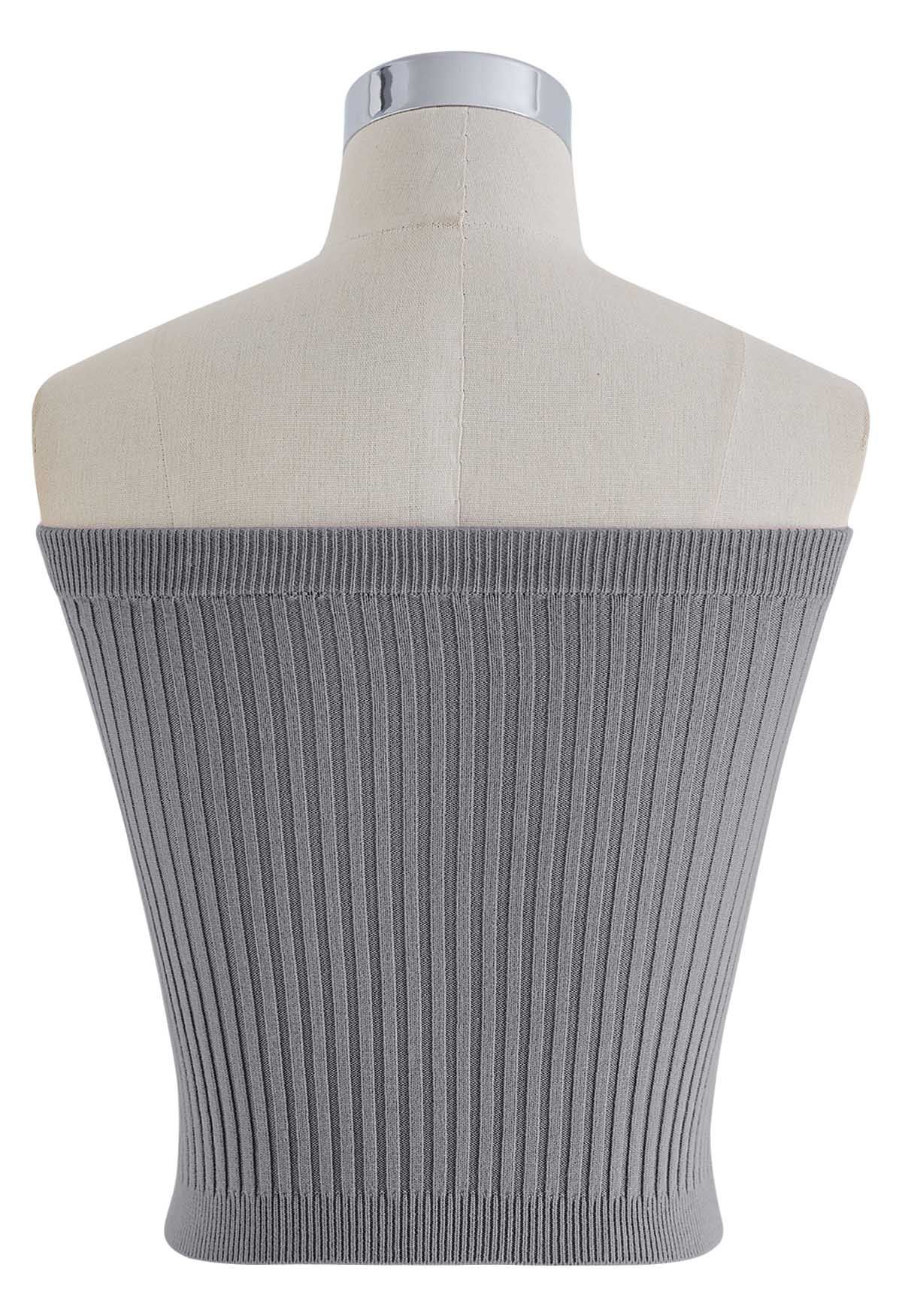 Twist Front Ribbed Knit Tube Crop Top in Grey