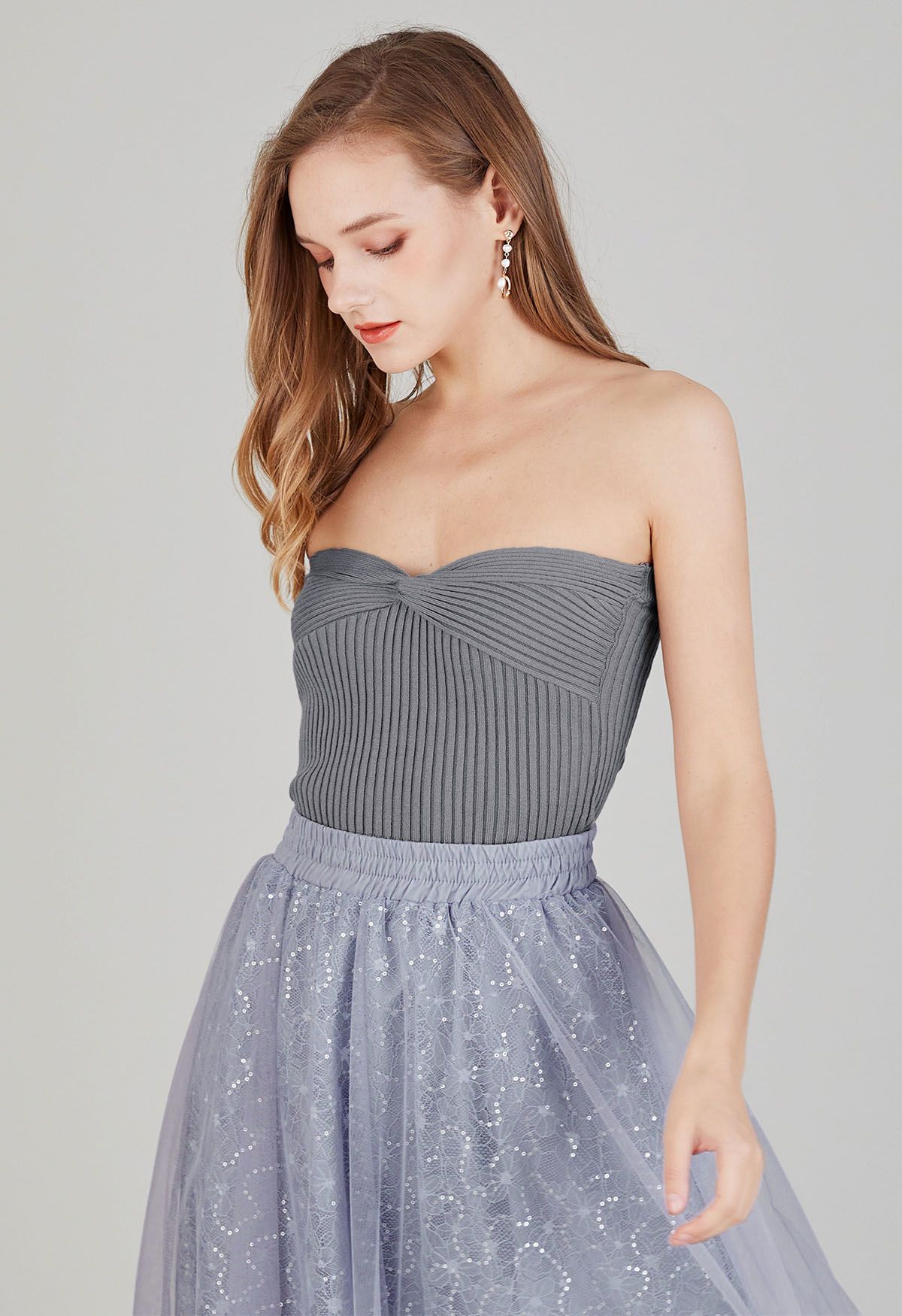 Twist Front Ribbed Knit Tube Crop Top in Grey