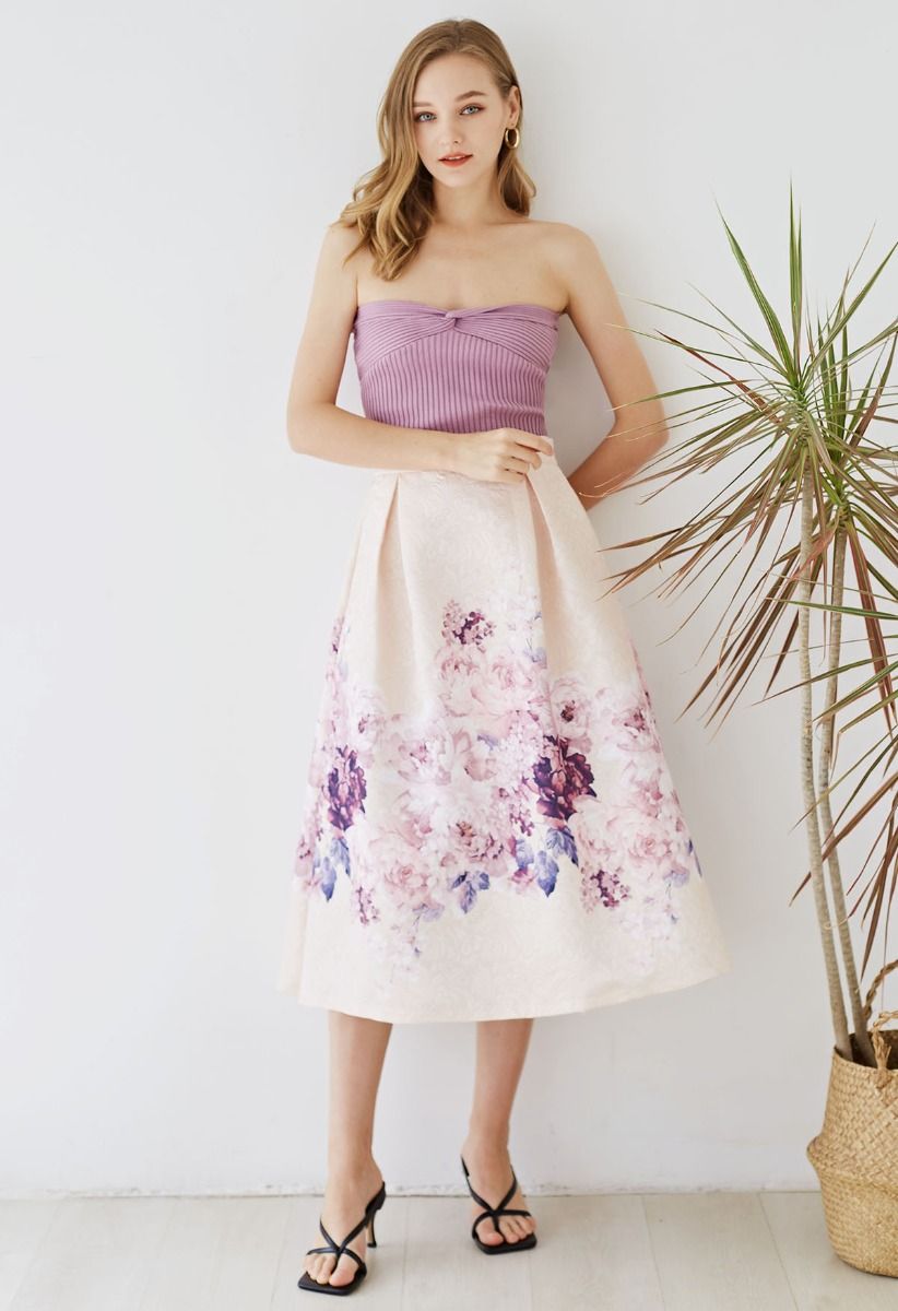 淡紫色牡丹壓花半身中長裙