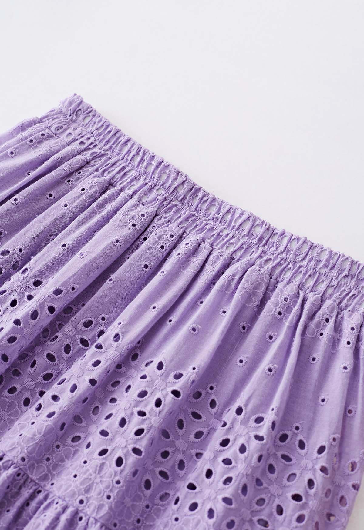 Floret Embroidered Eyelet Cotton Midi Skirt in Lilac