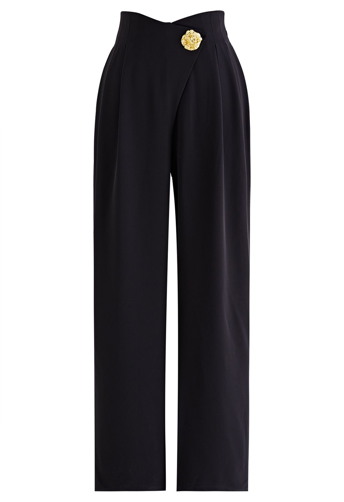 Golden Button Cross Waist Straight-Leg Pants in Black