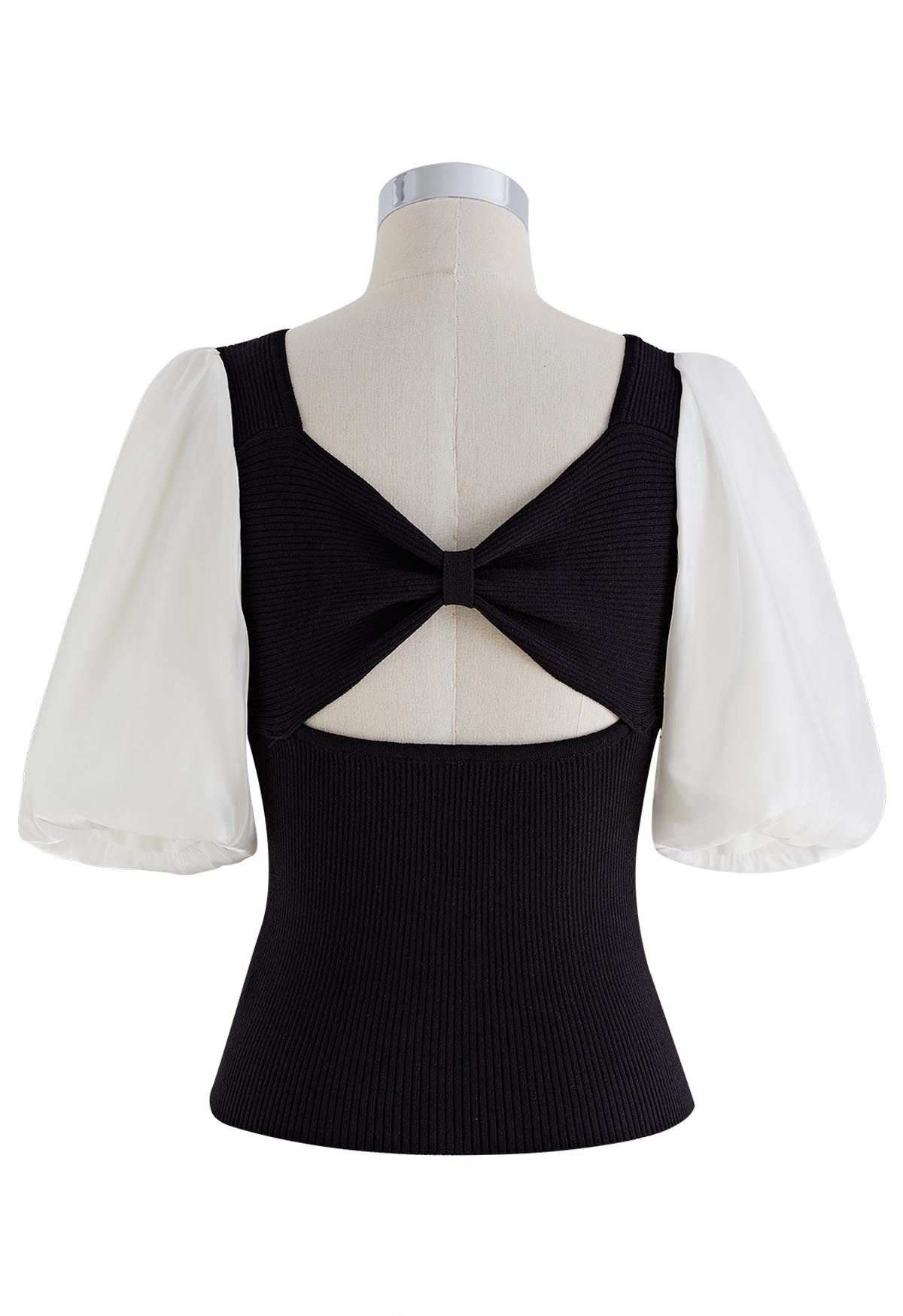 Bowknot Cutout Back Spliced Knit Top in Black