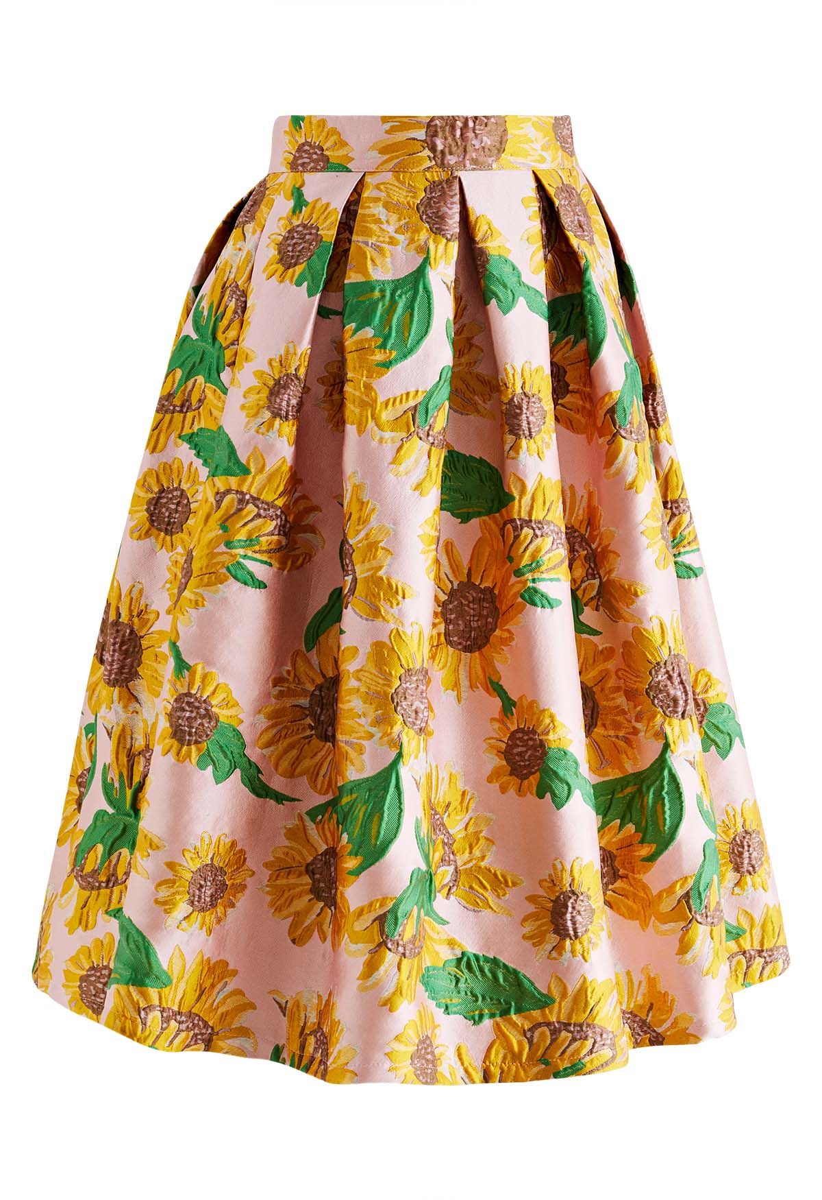 Cheerful Sunflower Jacquard Pleated Flare Skirt