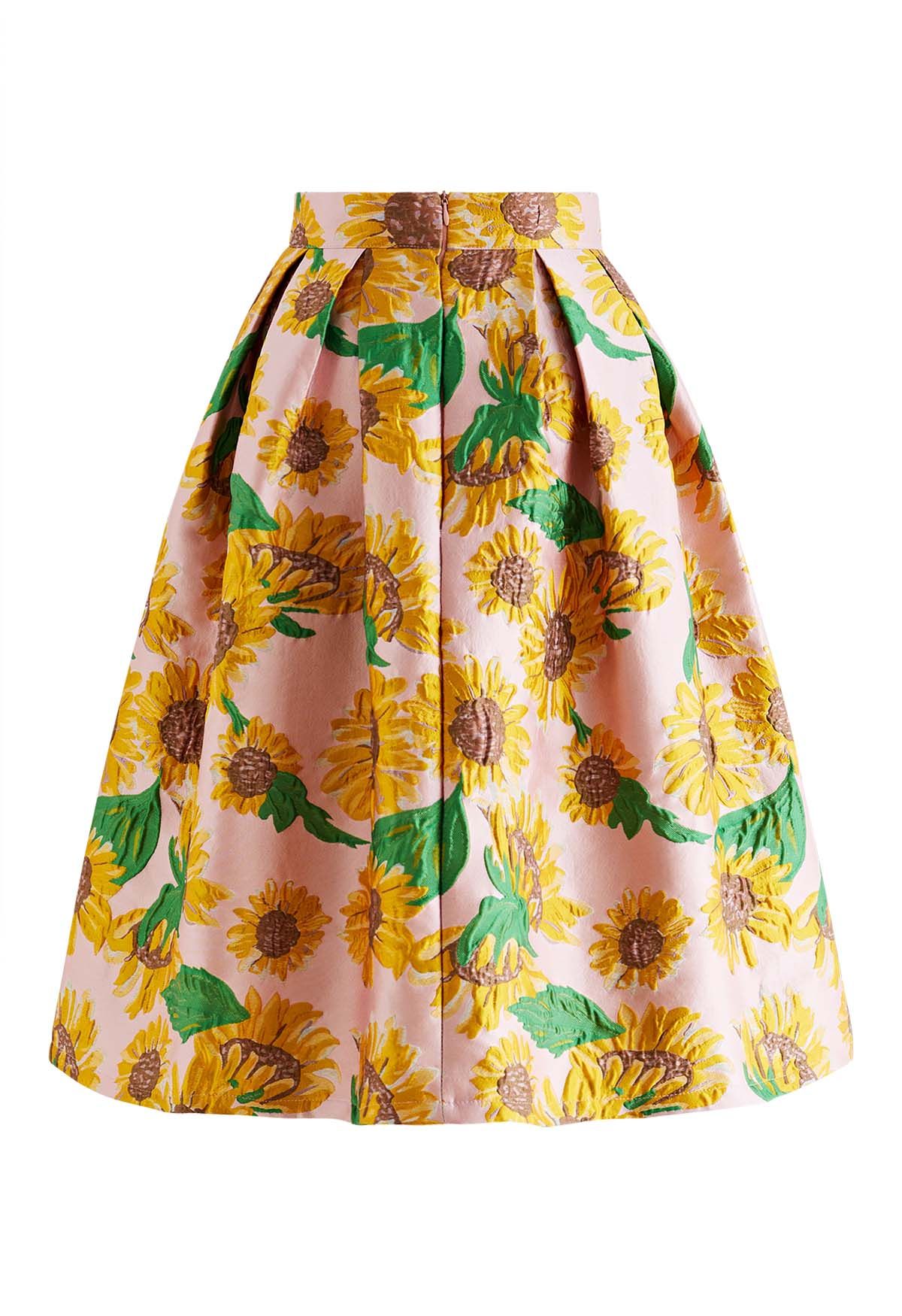 Cheerful Sunflower Jacquard Pleated Flare Skirt