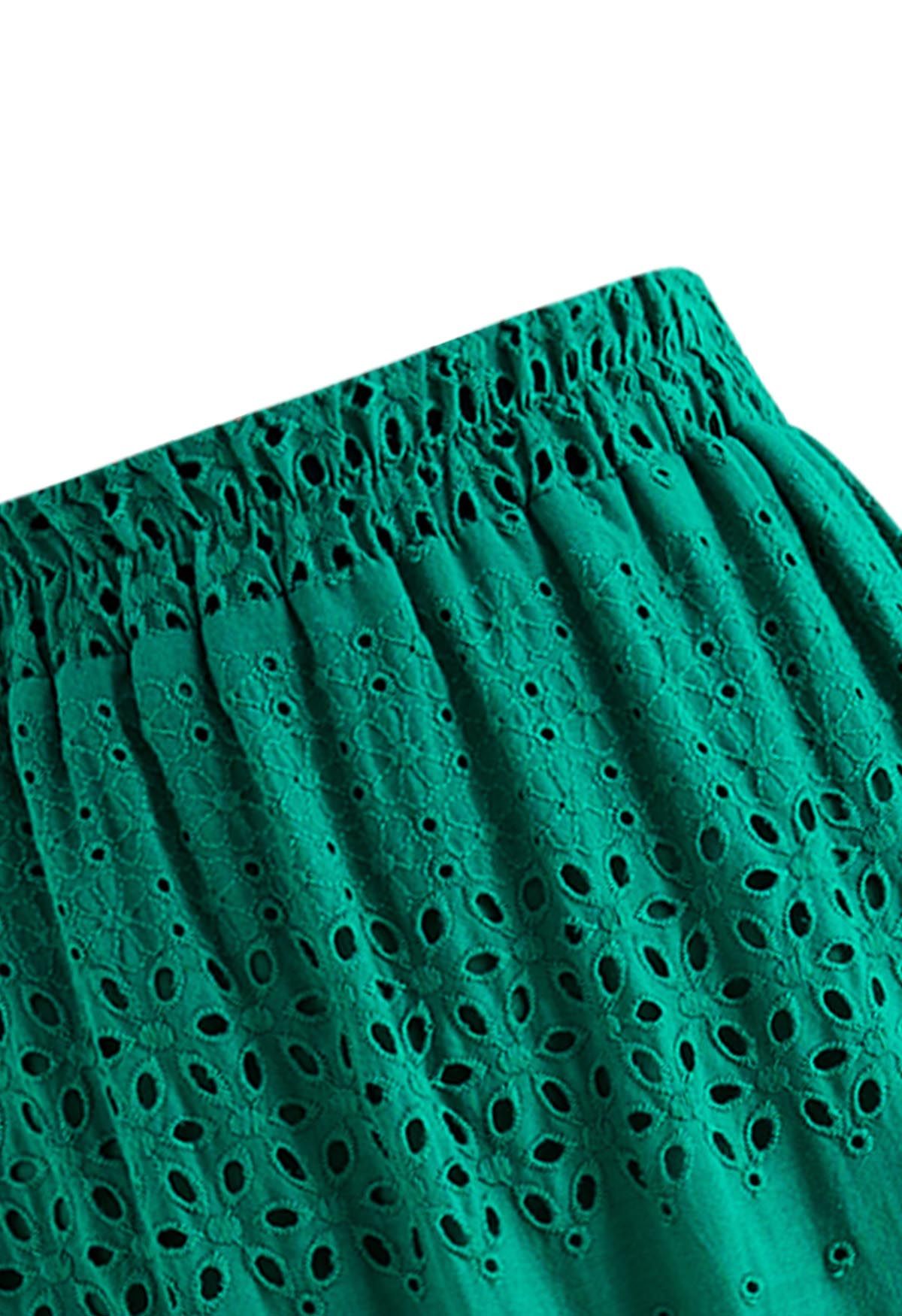 Floret Embroidered Eyelet Cotton Midi Skirt in Green