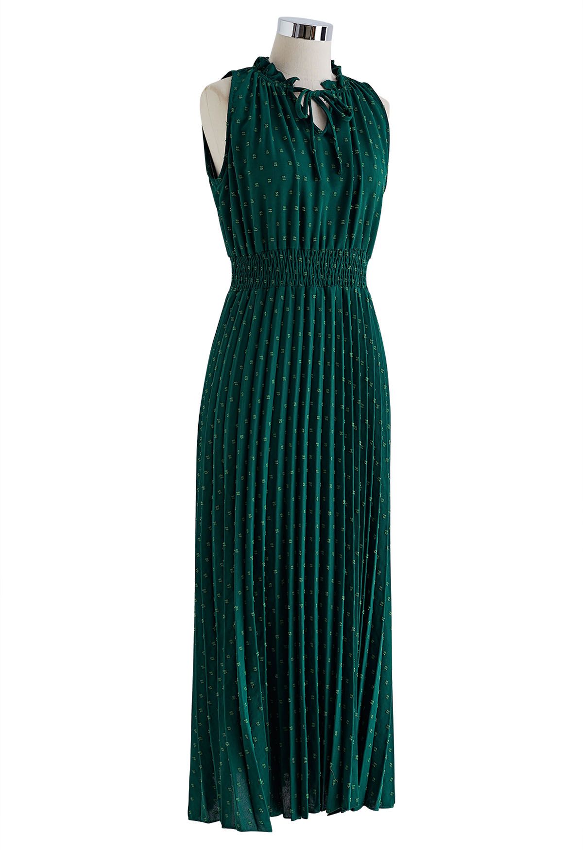 Tie-Neck Flock Dot Pleated Dress in Dark Green