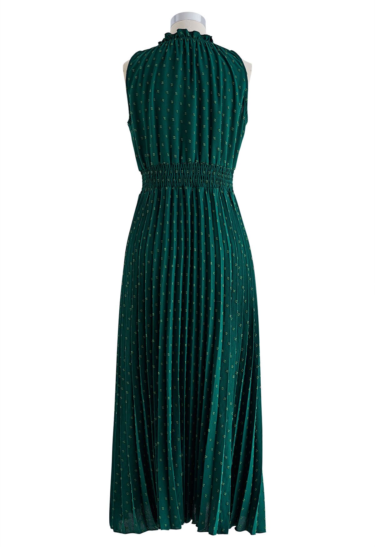 Tie-Neck Flock Dot Pleated Dress in Dark Green