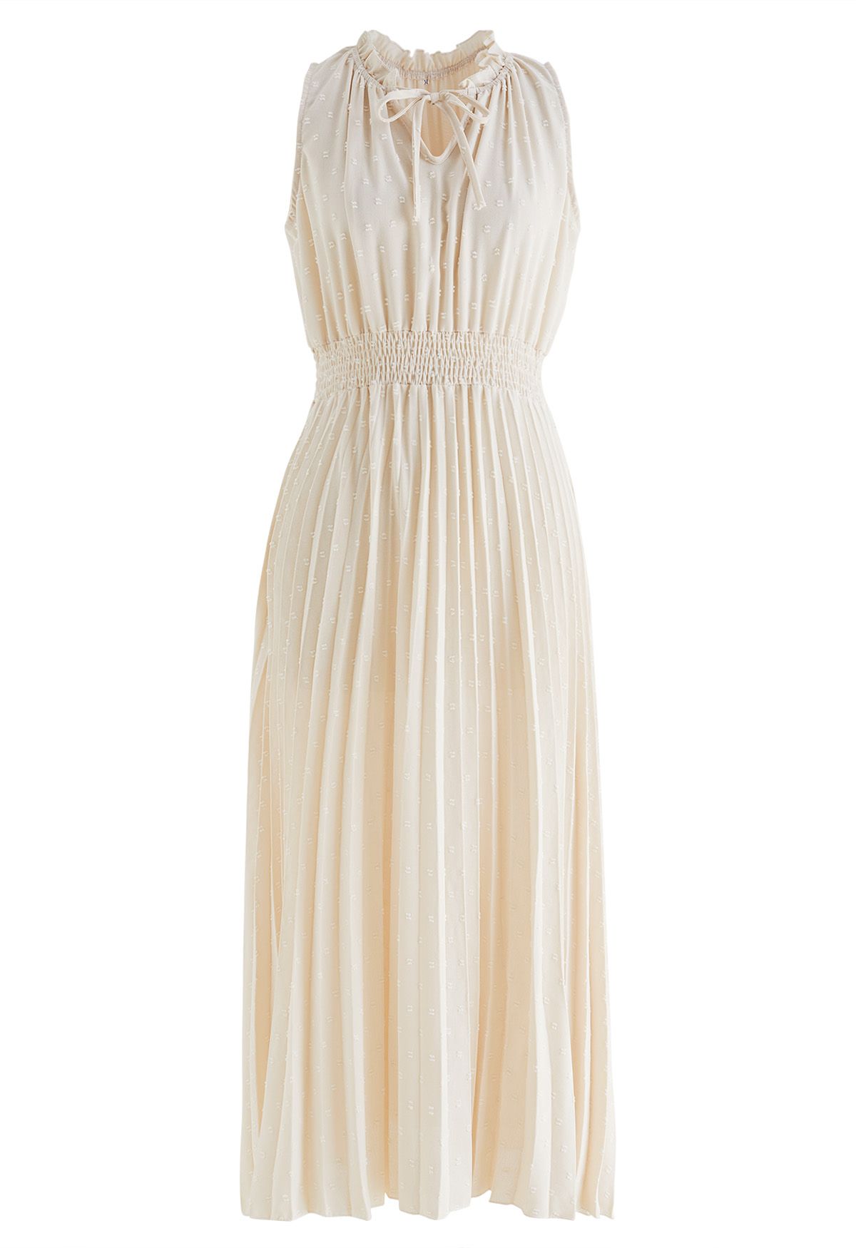 Tie-Neck Flock Dot Pleated Dress in Cream