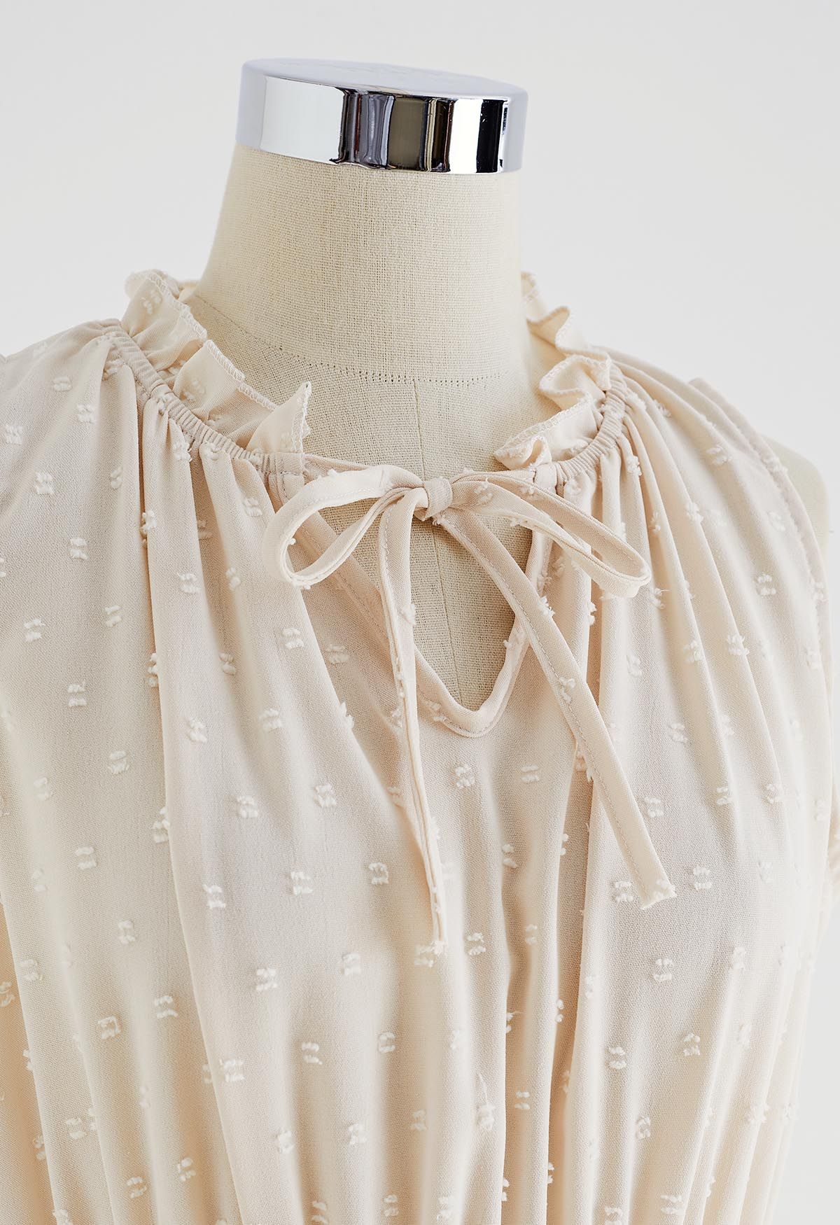 Tie-Neck Flock Dot Pleated Dress in Cream