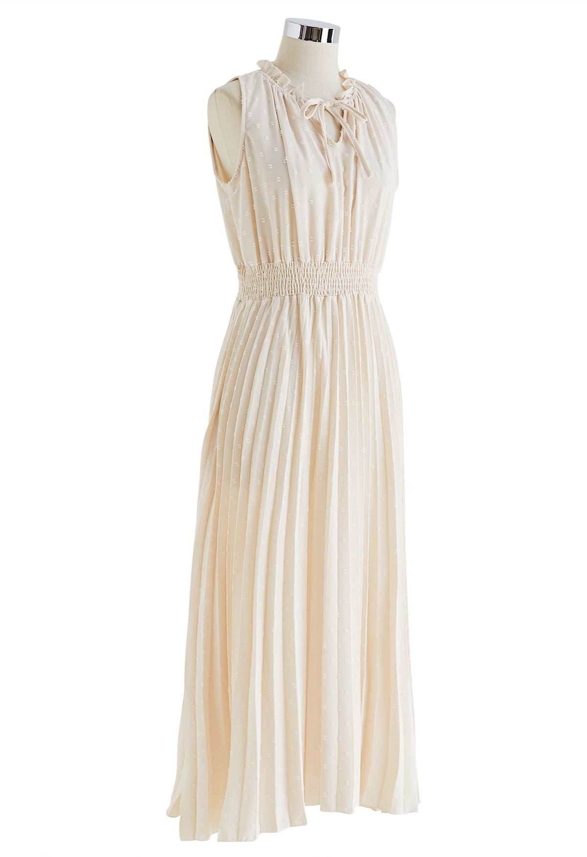 Tie-Neck Flock Dot Pleated Dress in Cream