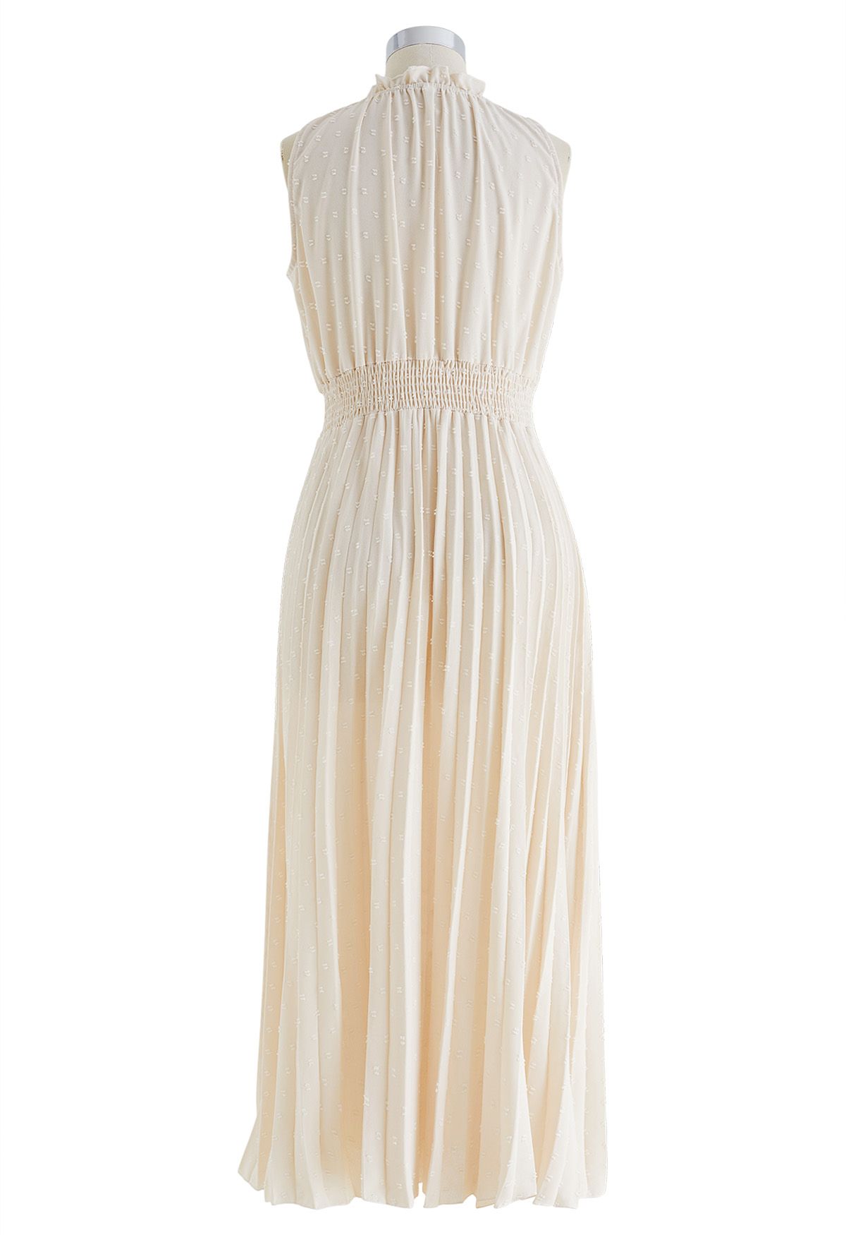 Tie-Neck Flock Dot Pleated Dress in Cream