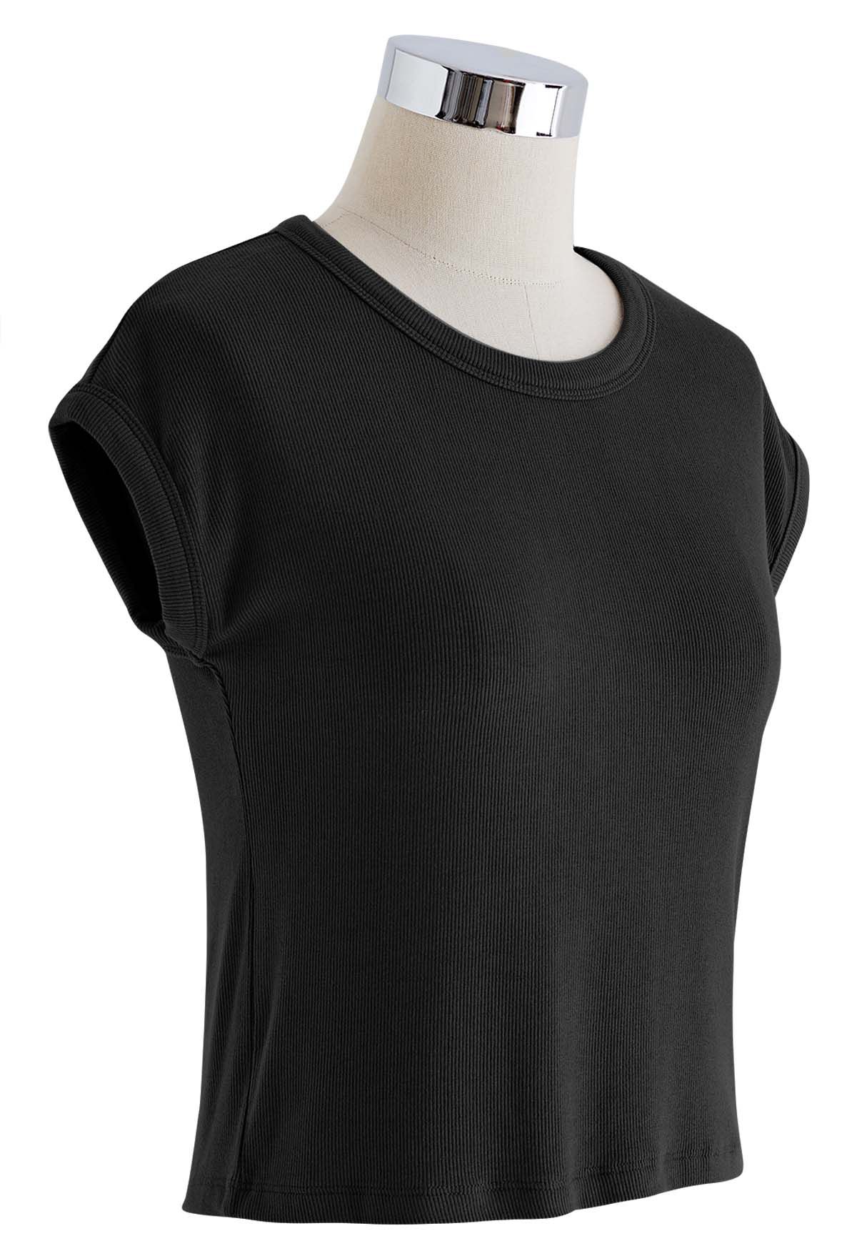 Elegant Crew Neck Cotton Crop Top in Black