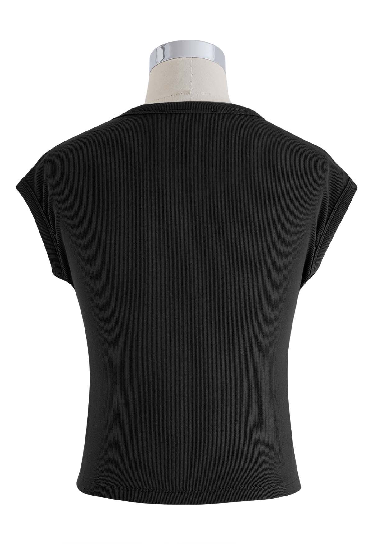 Elegant Crew Neck Cotton Crop Top in Black