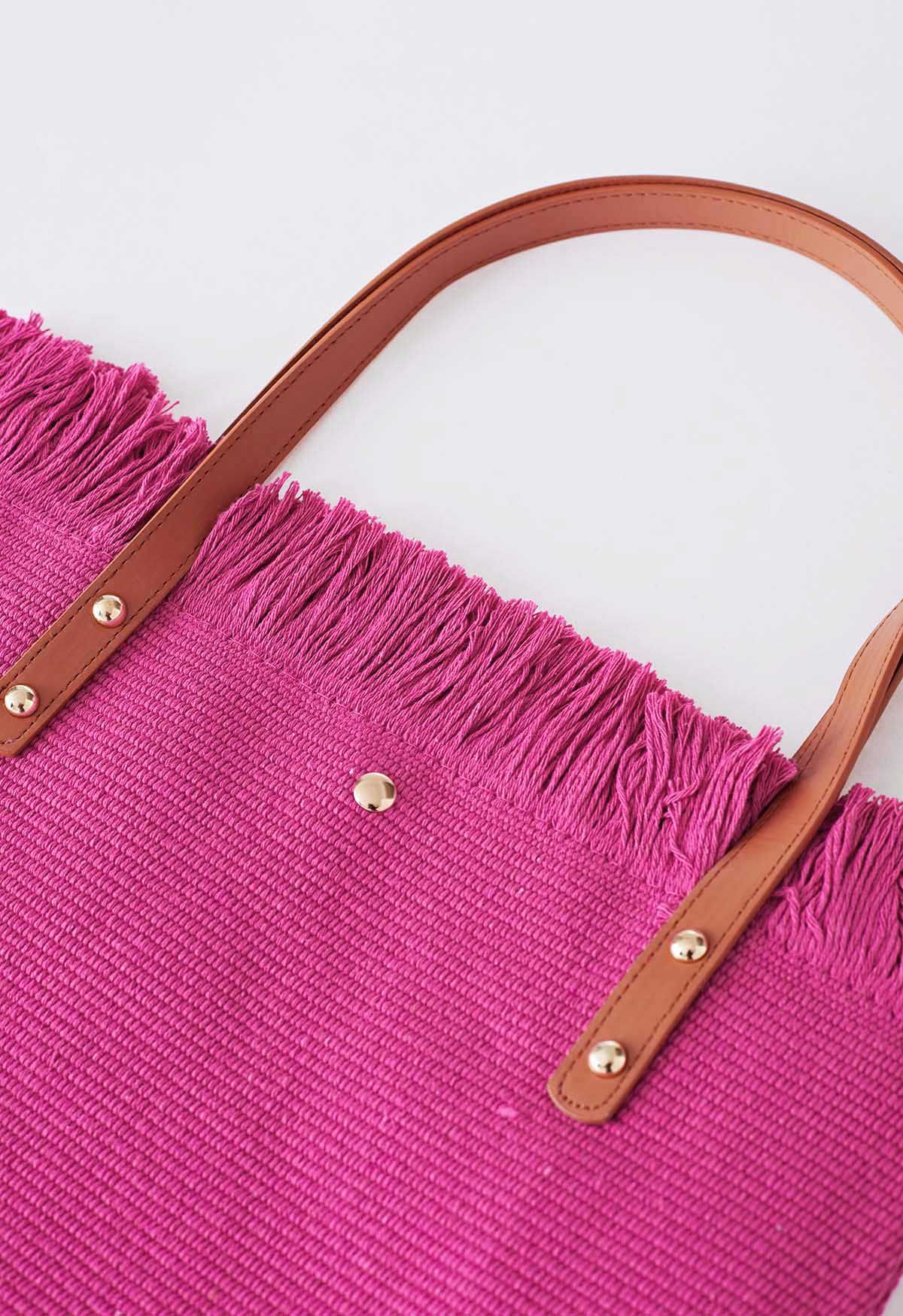 Tassel Trim Canvas Tote Bag in Magenta