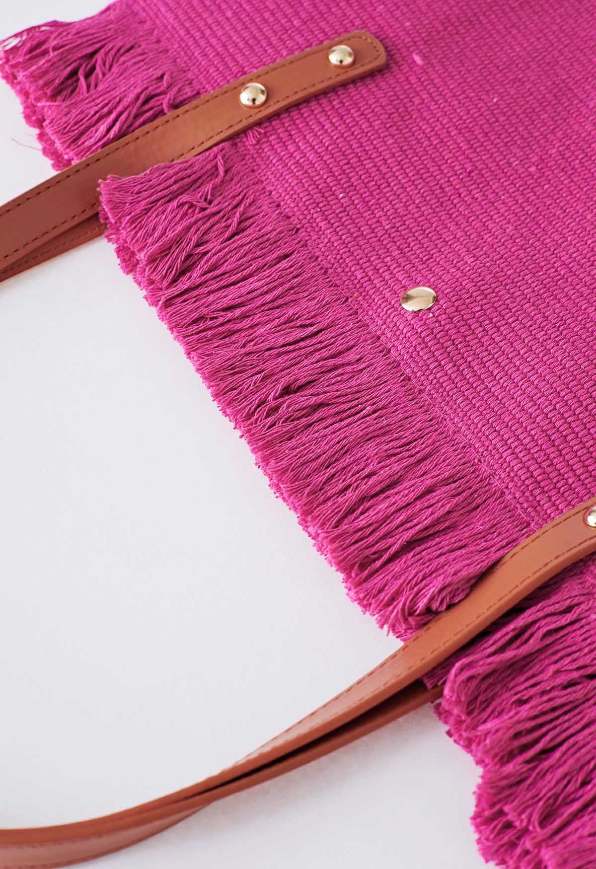 Tassel Trim Canvas Tote Bag in Magenta