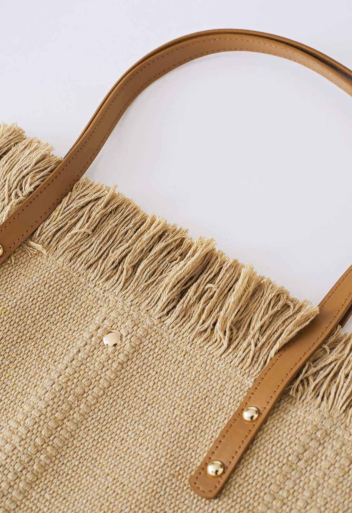 Tassel Trim Canvas Tote Bag in Khaki