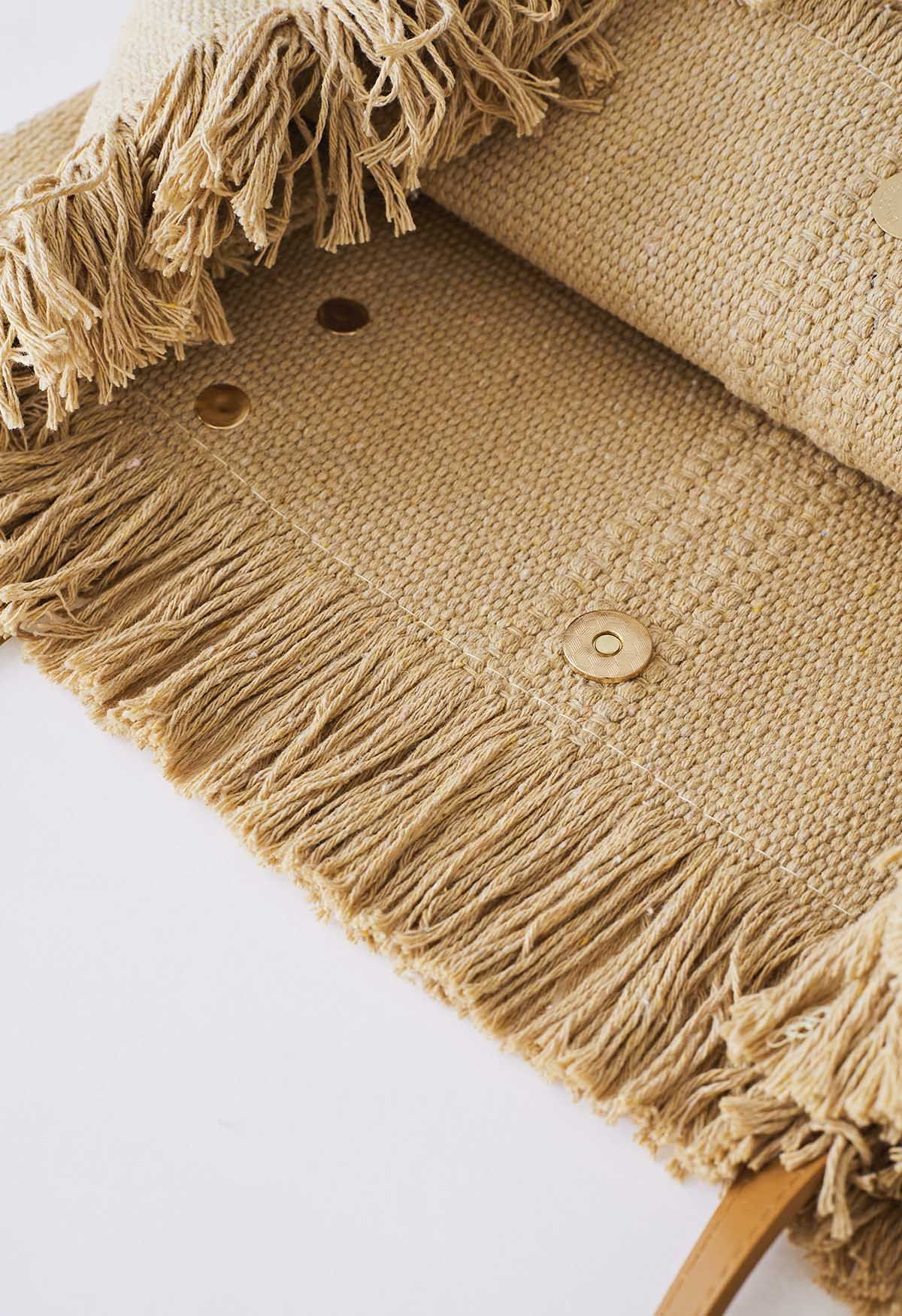 Tassel Trim Canvas Tote Bag in Khaki