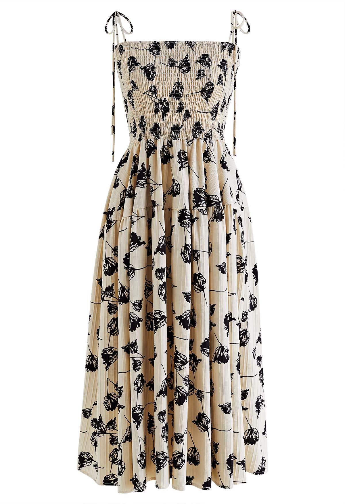 Contrast Tulip Tie-Shoulder Frilling Dress in Oatmeal