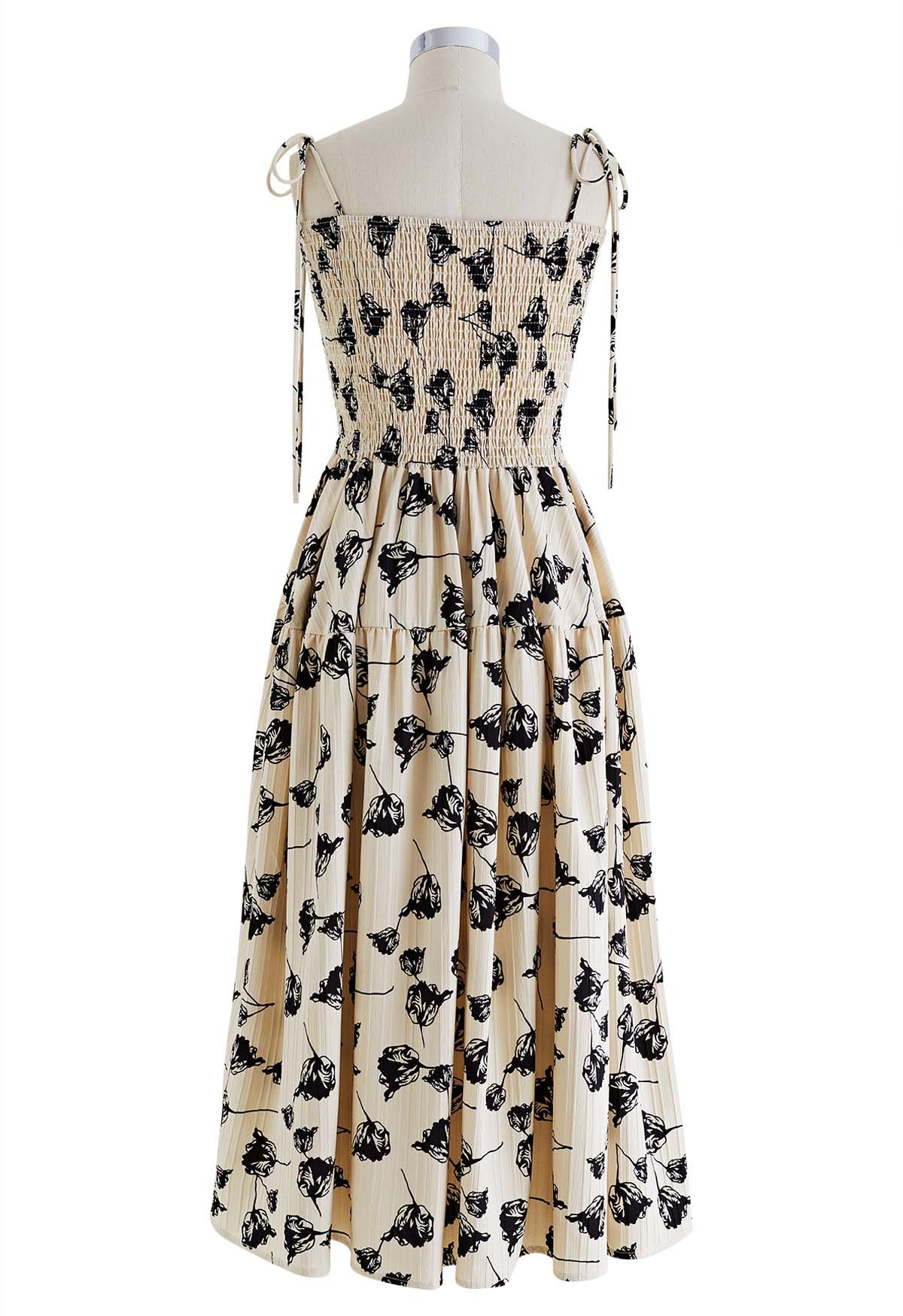 Contrast Tulip Tie-Shoulder Frilling Dress in Oatmeal