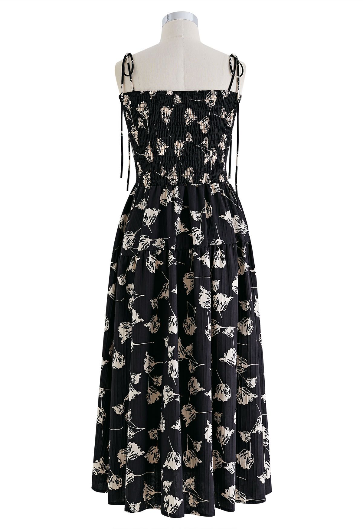 Contrast Tulip Tie-Shoulder Frilling Dress in Black