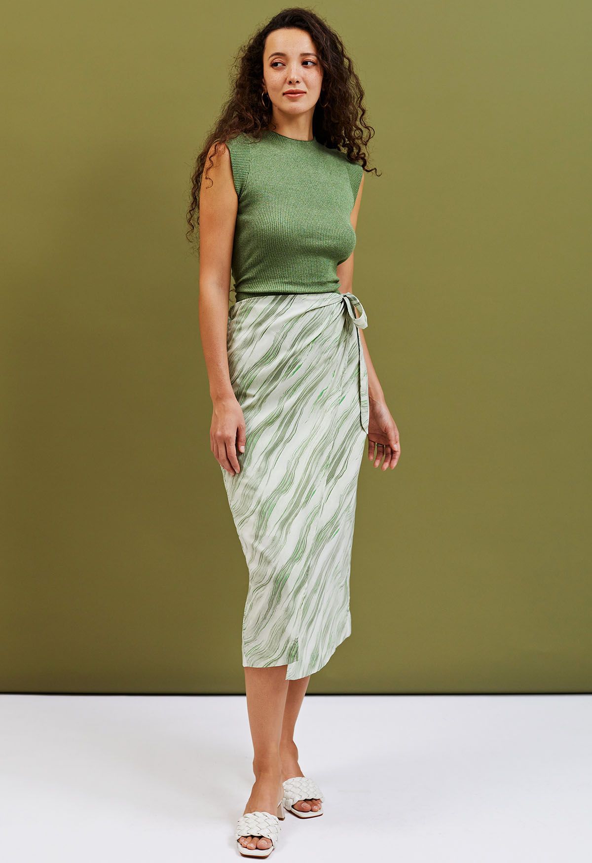 Marble Print Tie Waist Flap Midi Skirt in Green