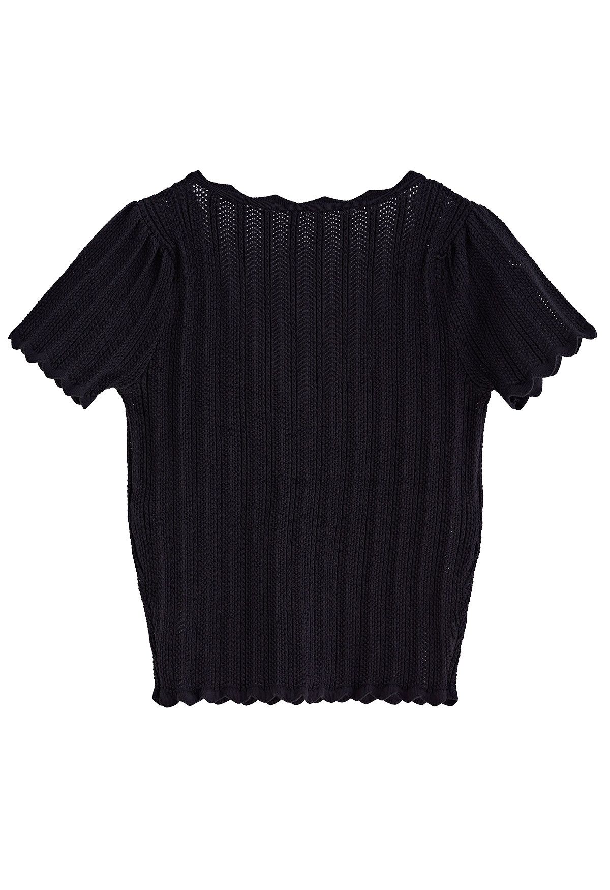 Scallop Edge Pointelle Short-Sleeve Crop Top in Black