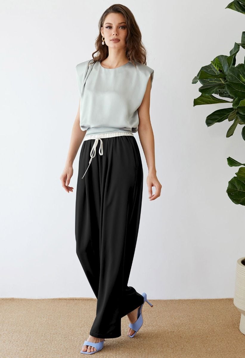 Contrast Waist Satin Pleated Straight-Leg Pants in Black