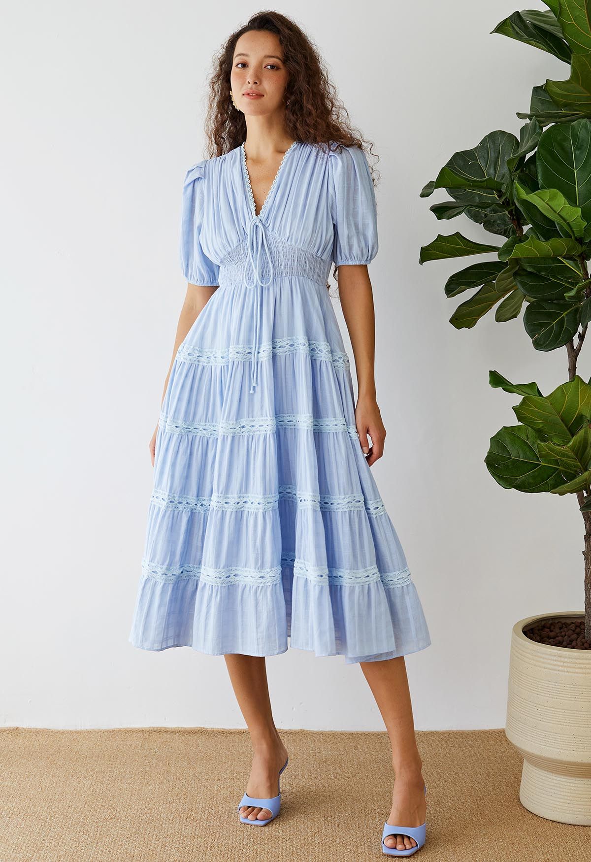 Scalloped V-Neck Checked Midi Dress in Blue