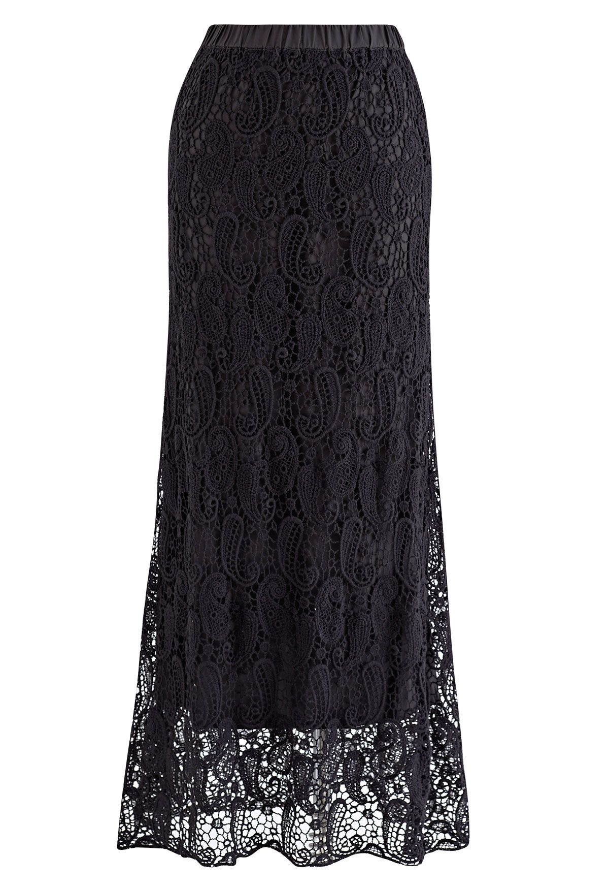 Paisley Cutwork Lace Maxi Skirt in Black