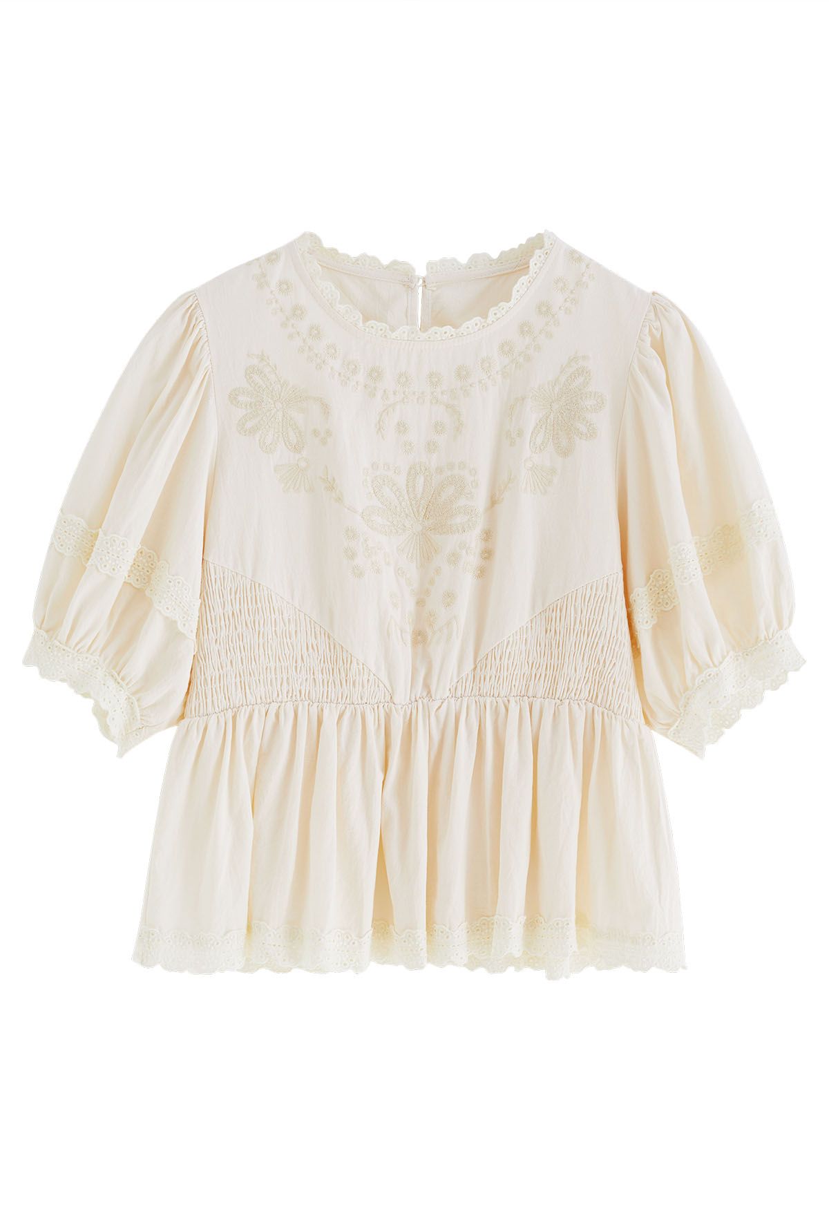 Scalloped Edge Floret Embroidery Peplum Top in Cream