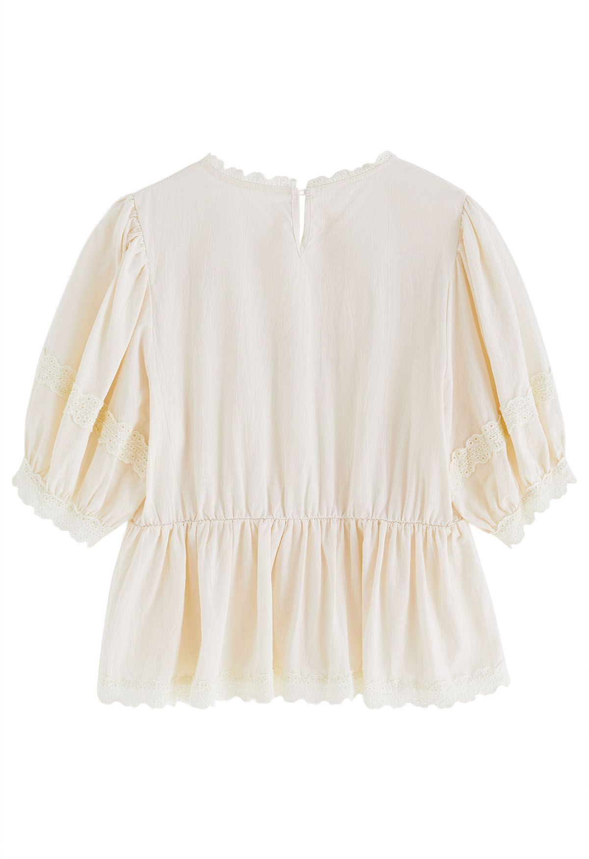 Scalloped Edge Floret Embroidery Peplum Top in Cream